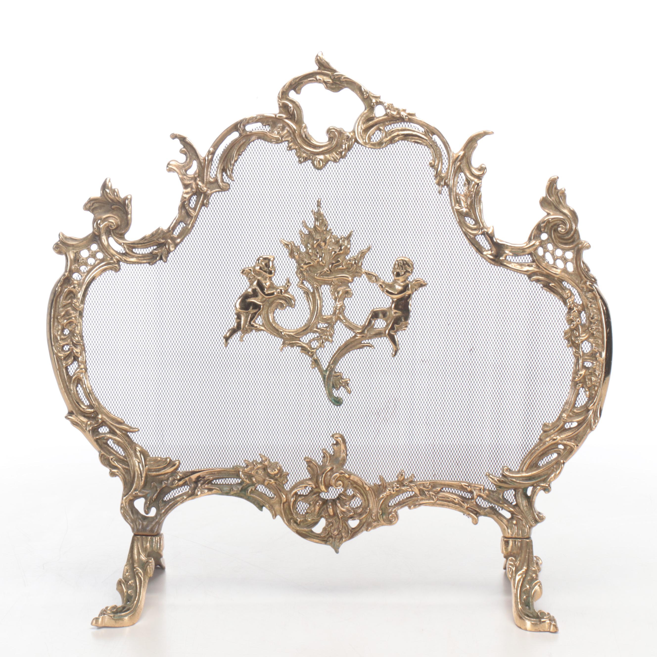 Rococo Style Brass and Mesh Fire Screen, Mid to Late 20th Century