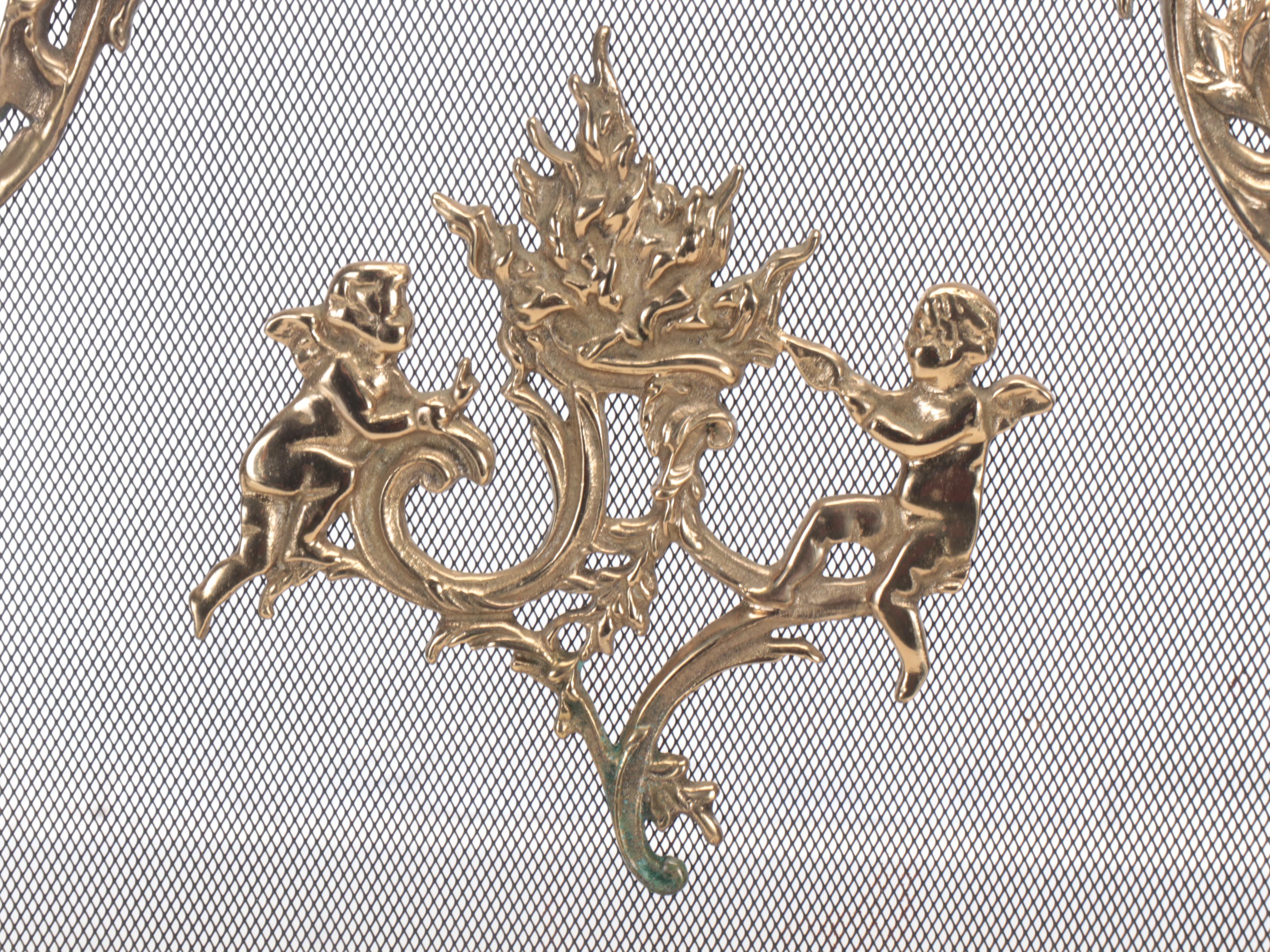 Rococo Style Brass and Mesh Fire Screen, Mid to Late 20th Century