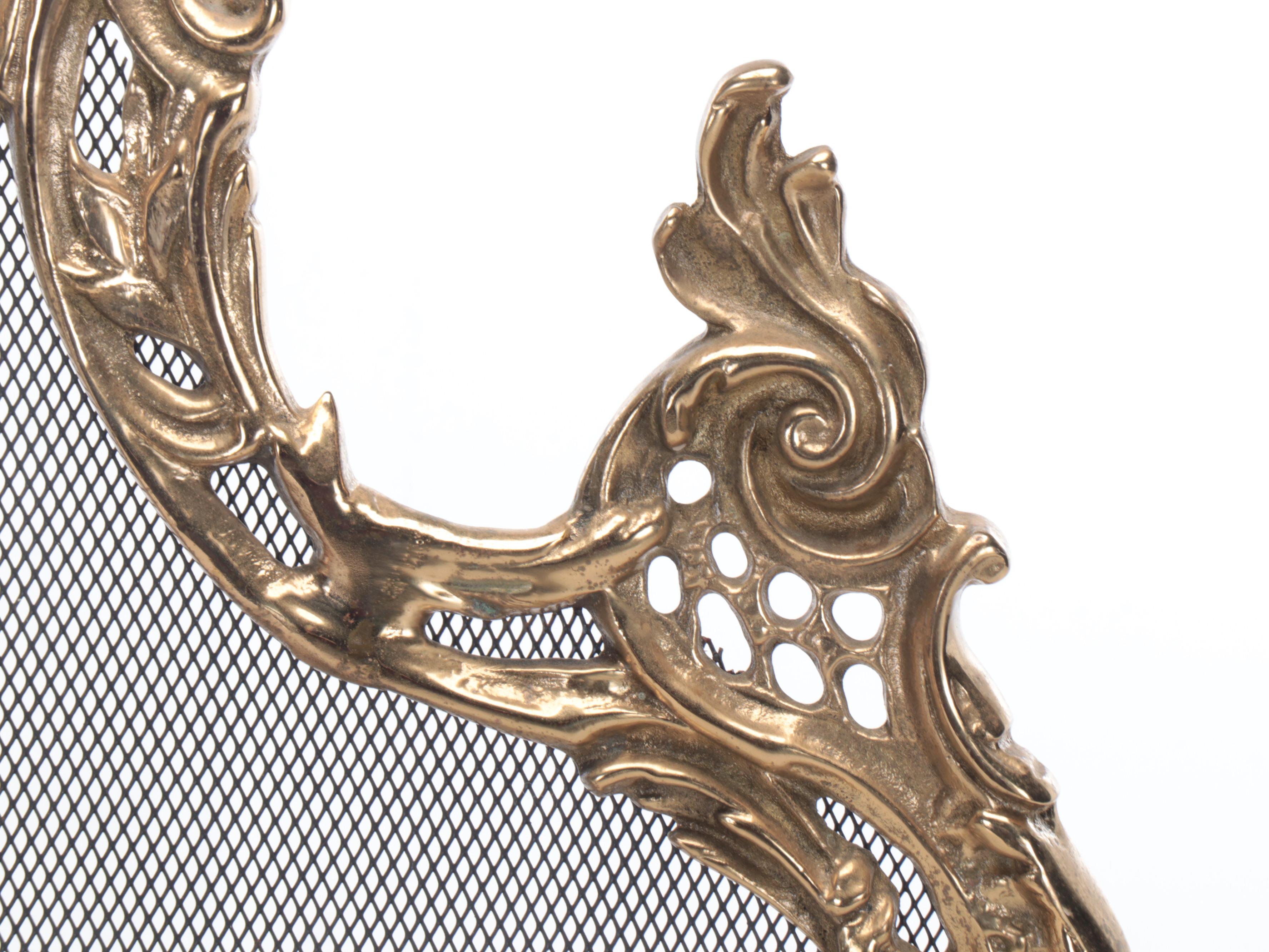 Rococo Style Brass and Mesh Fire Screen, Mid to Late 20th Century
