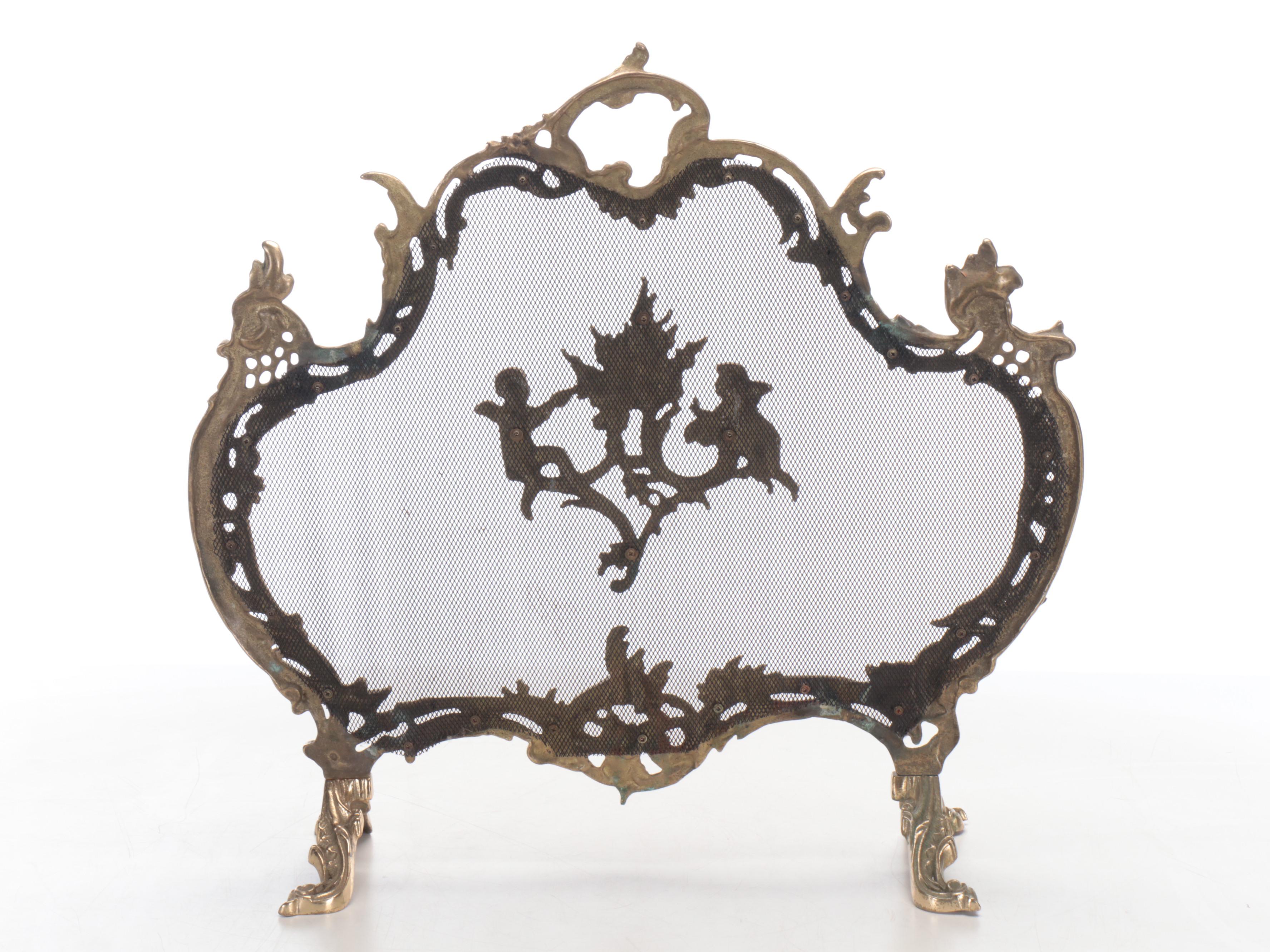 Rococo Style Brass and Mesh Fire Screen, Mid to Late 20th Century