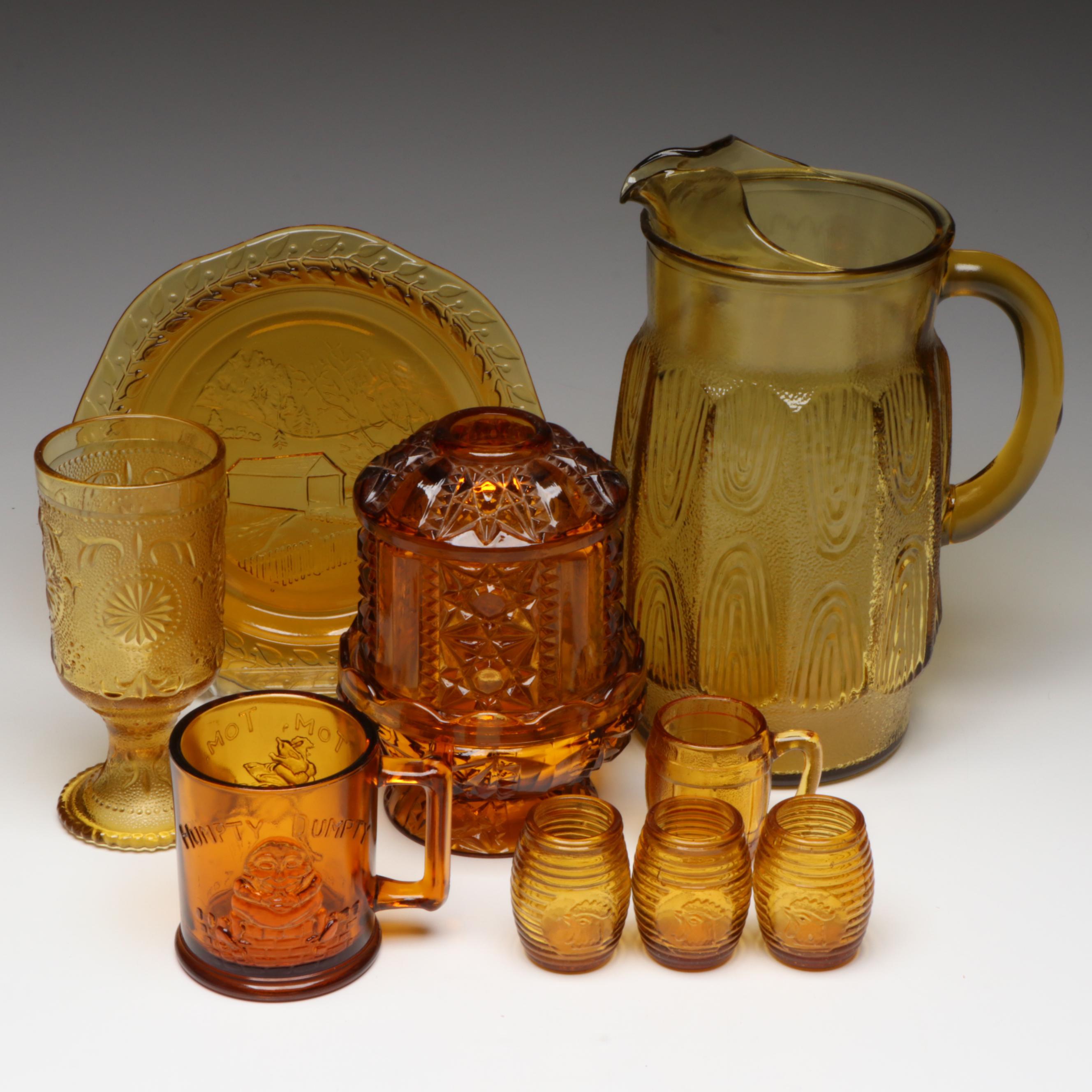 Brockway Glass Co. "American Concord" Water Goblet with More Amber Glass Décor