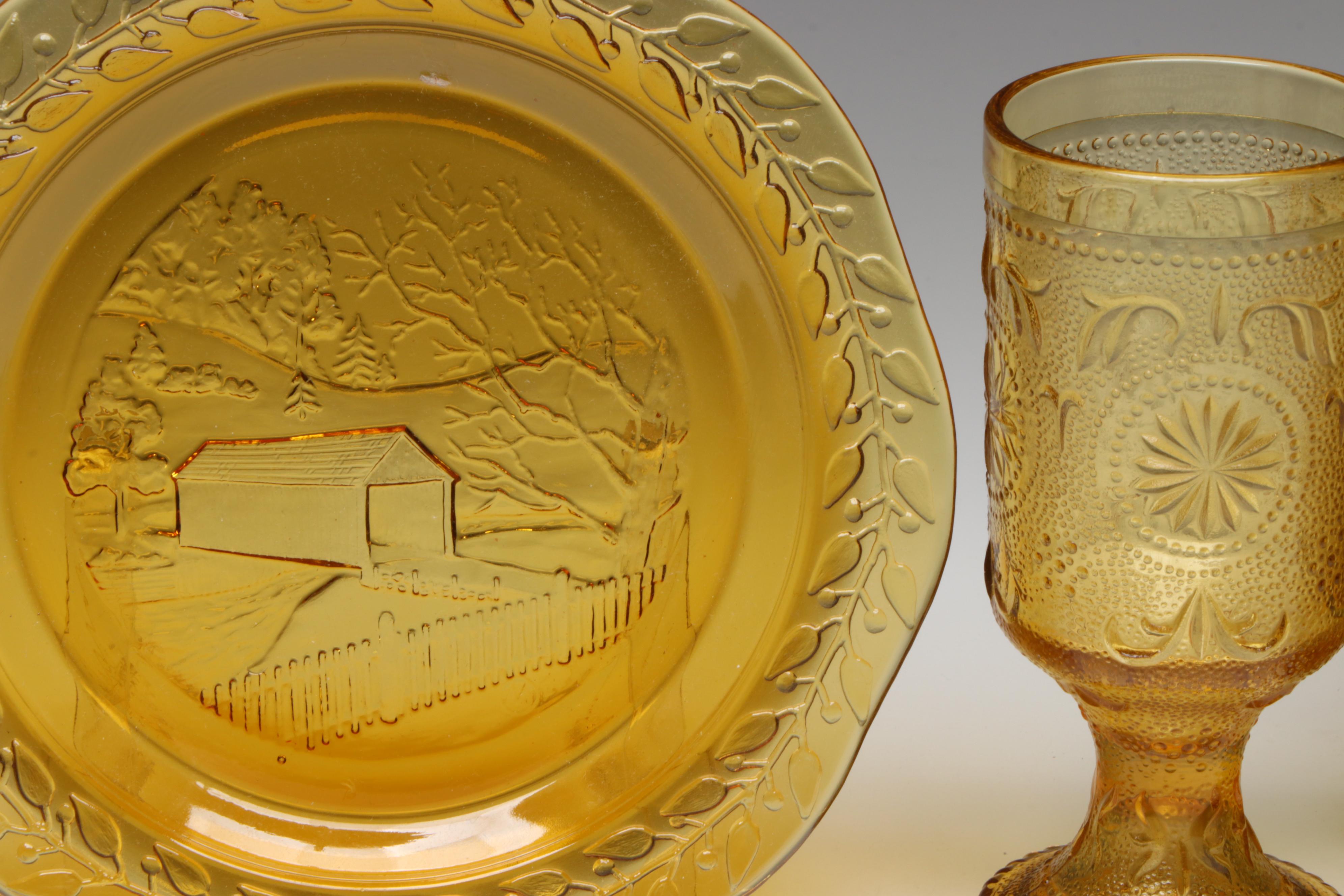 Brockway Glass Co. "American Concord" Water Goblet with More Amber Glass Décor