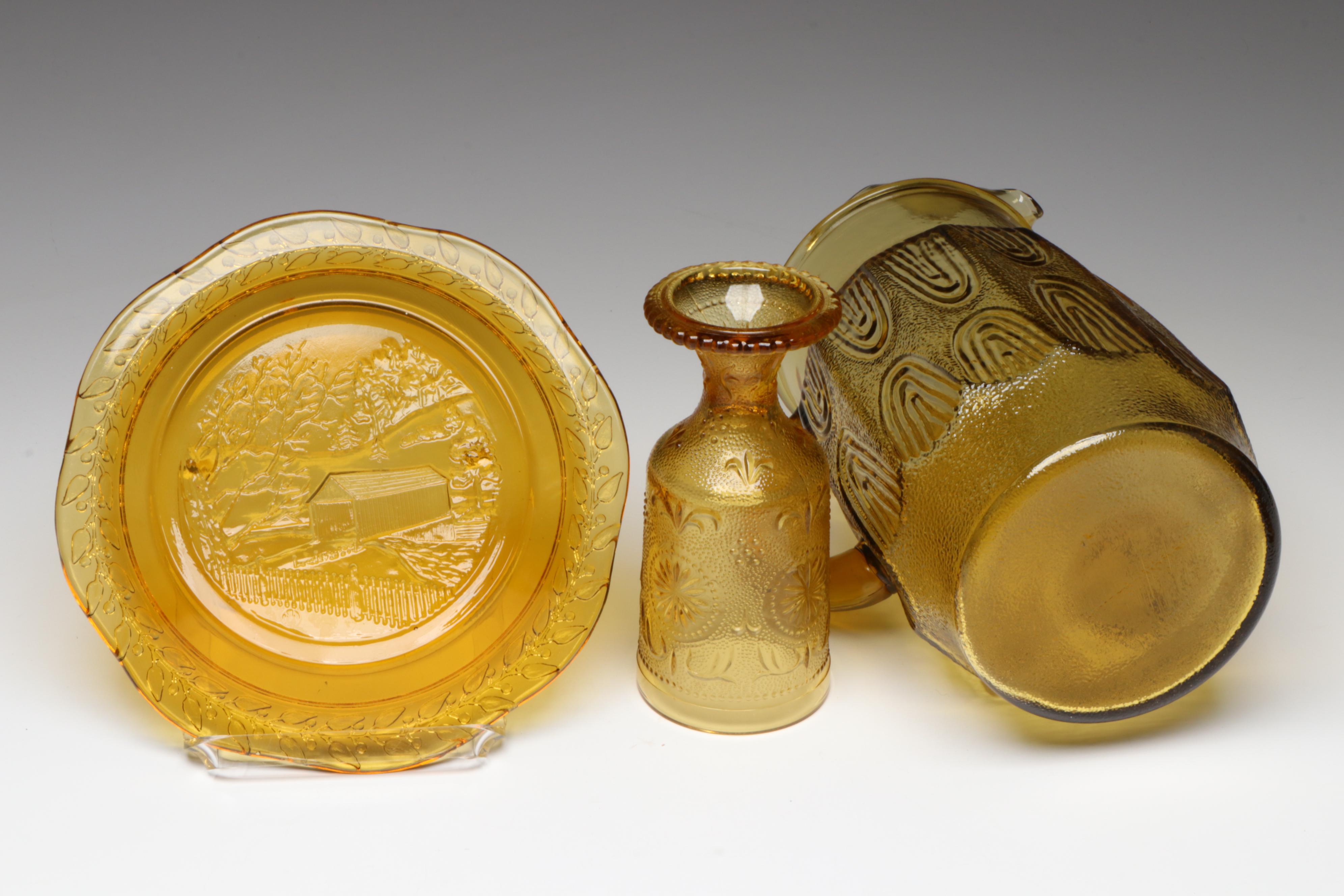 Brockway Glass Co. "American Concord" Water Goblet with More Amber Glass Décor