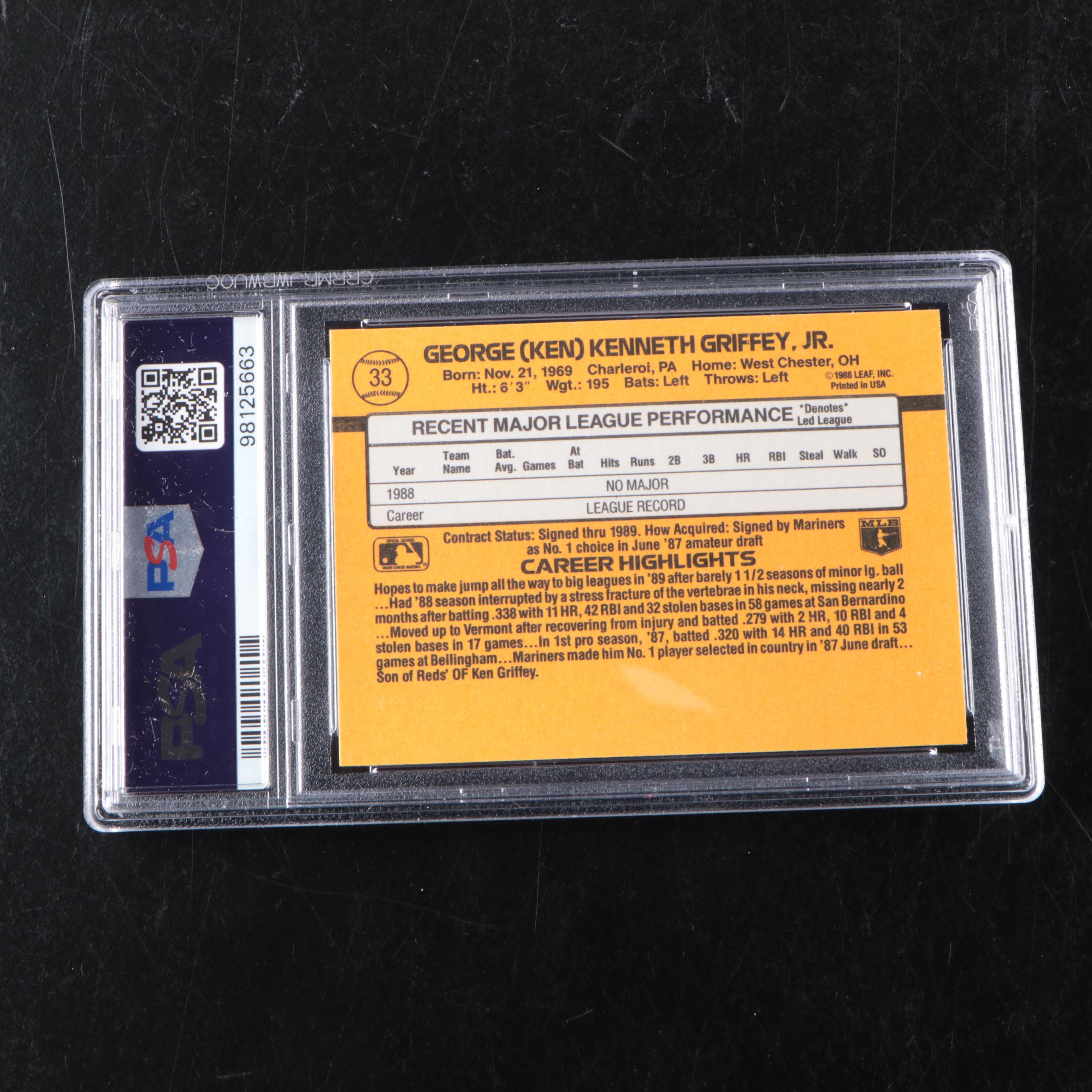 1989 Donruss Ken Griffey Jr. Rated Rookie Baseball Card Graded PSA 8
