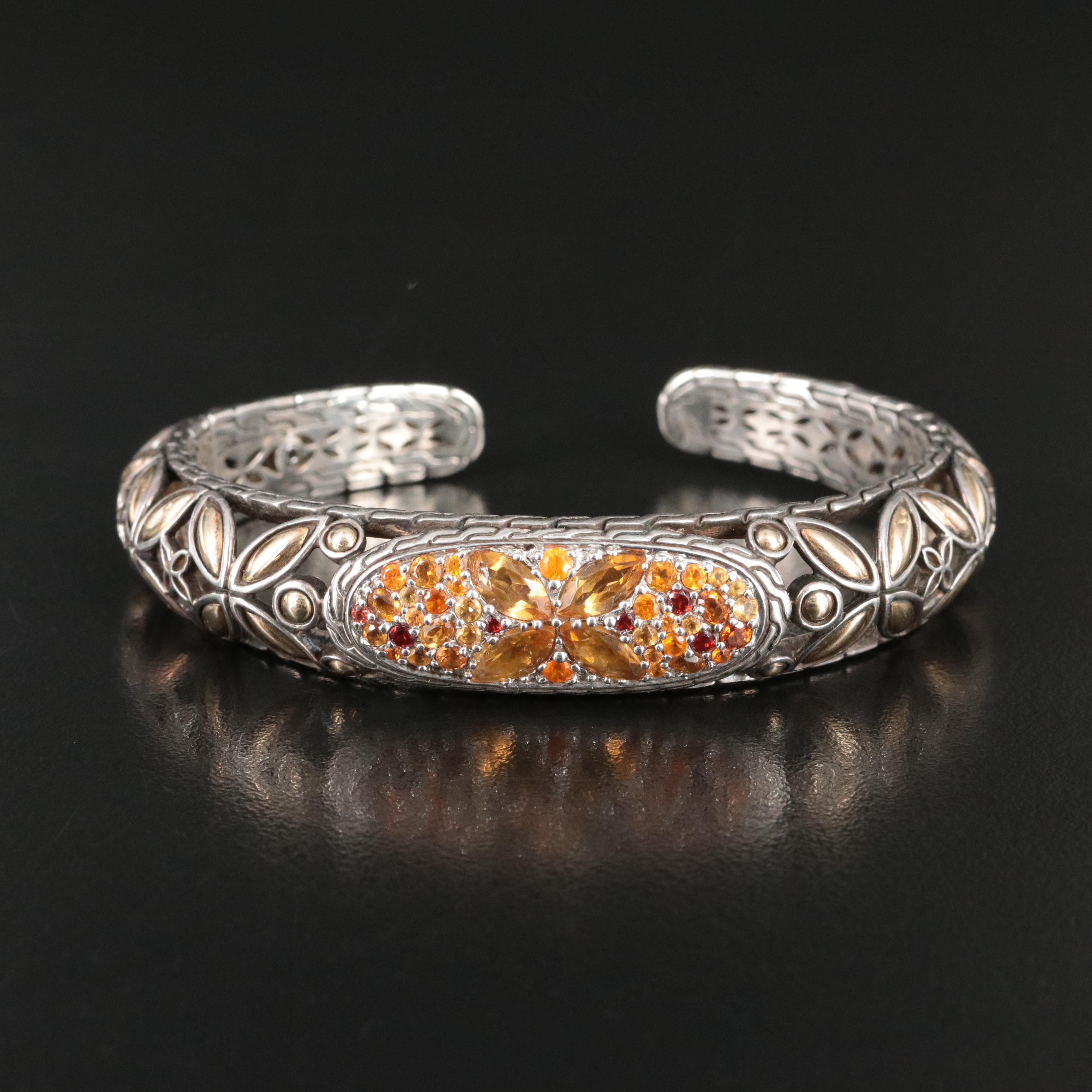 John Hardy Batu Kawung Sterling 18K Citrine and Garnet Sunset Cuff Bracelet