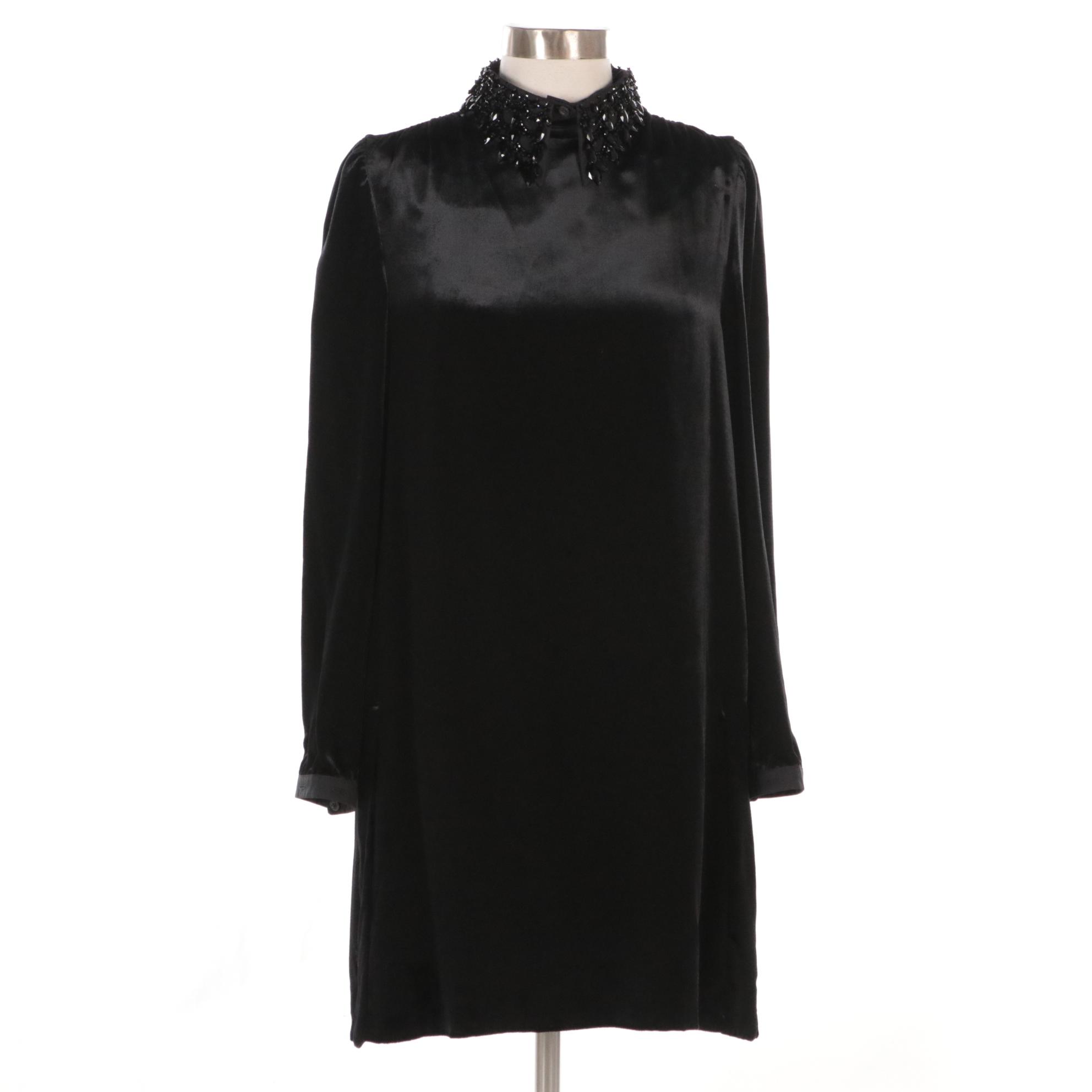 Prada Black Velveteen Cocktail Dress with Detachable Bead Embellished Collar
