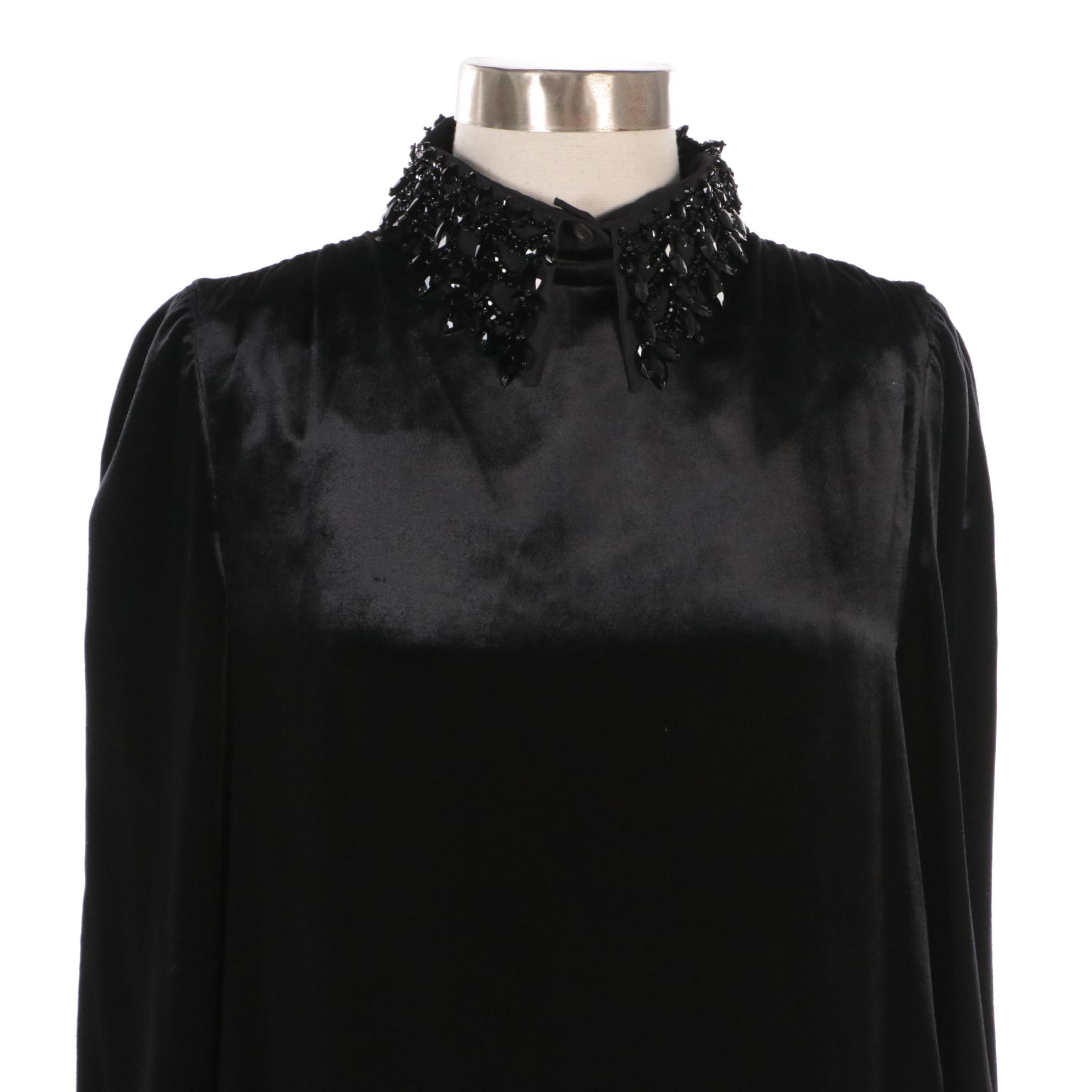 Prada Black Velveteen Cocktail Dress with Detachable Bead Embellished Collar
