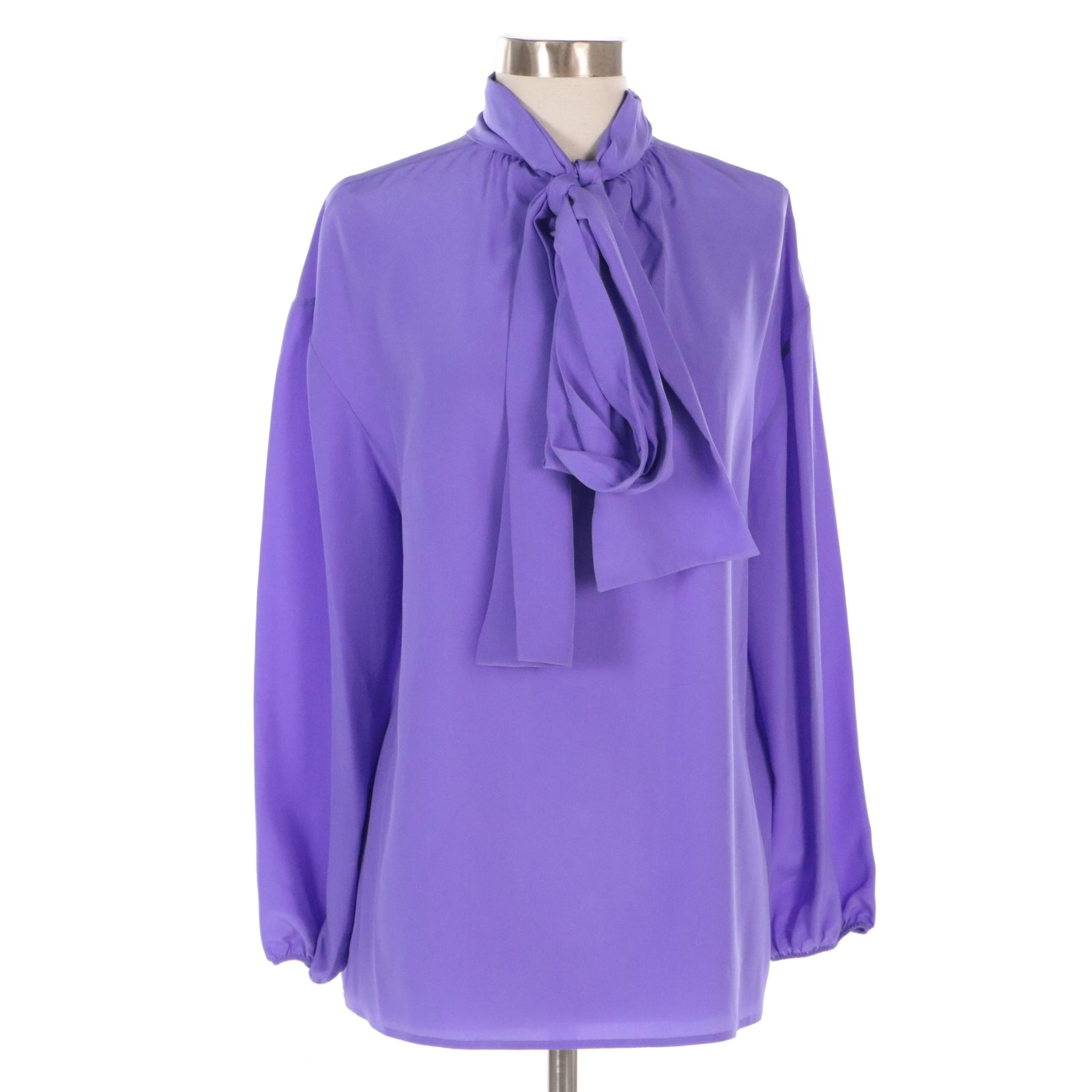 Prada Silk Tie-Neck Long Sleeve Blouse in Iris, New with Tag