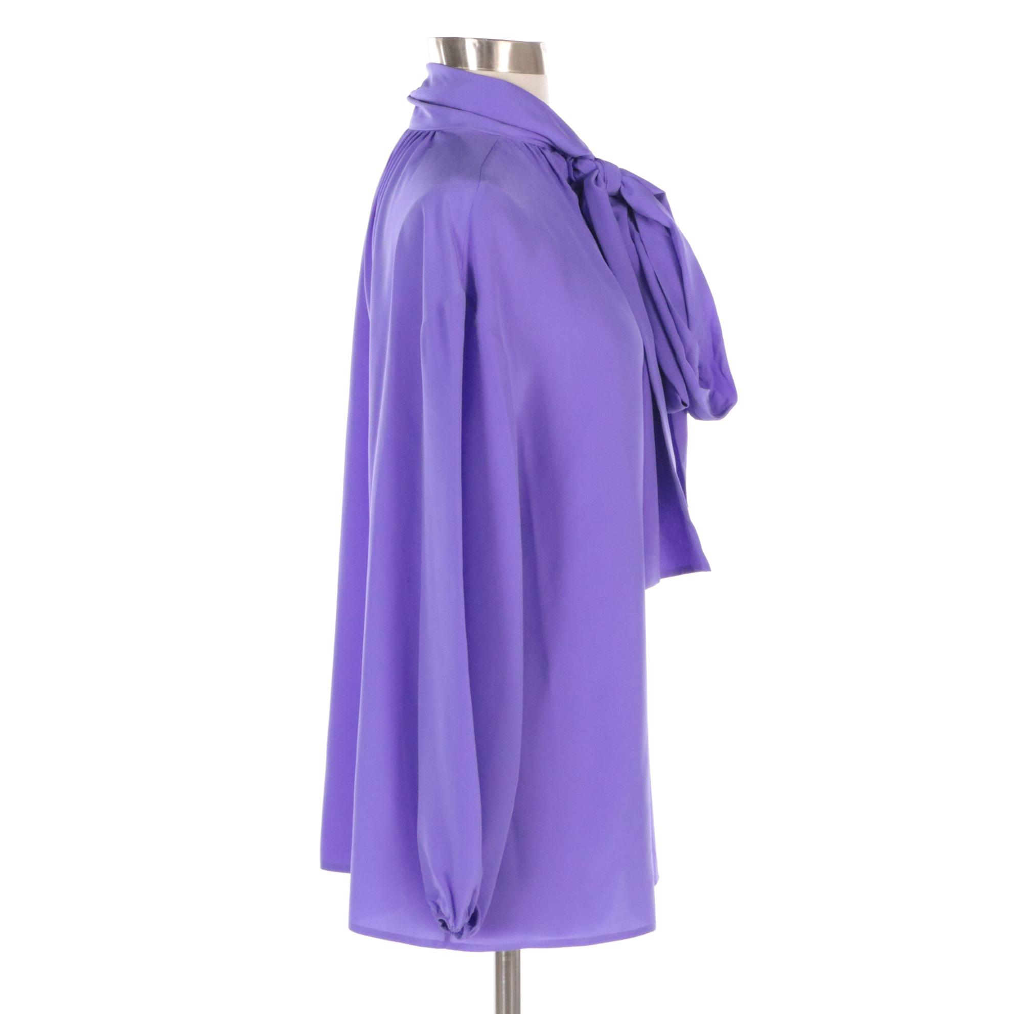Prada Silk Tie-Neck Long Sleeve Blouse in Iris, New with Tag