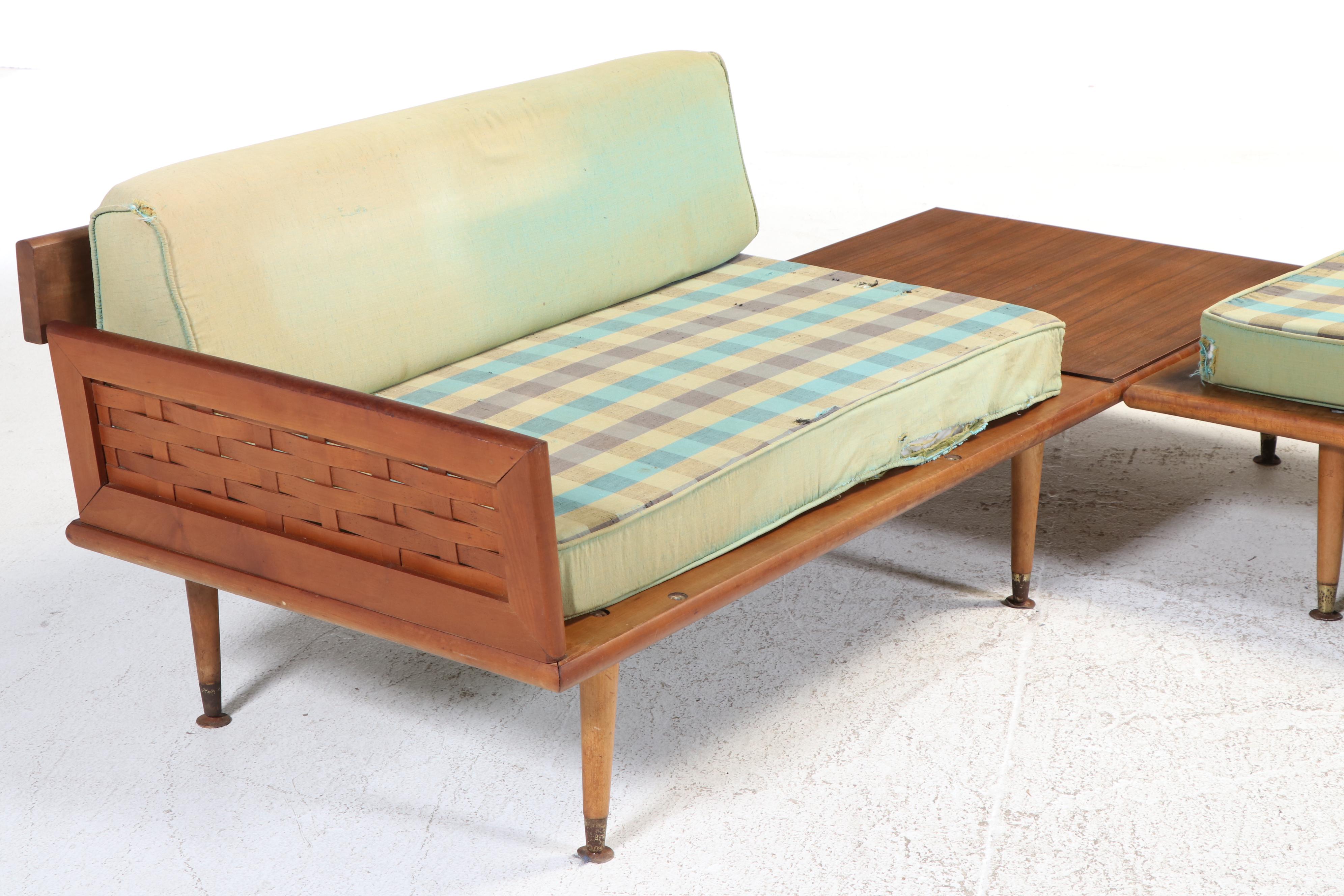 Two-Piece Mid Century Modern Maple, Laminate, and Splint-Woven Sectional Sofa