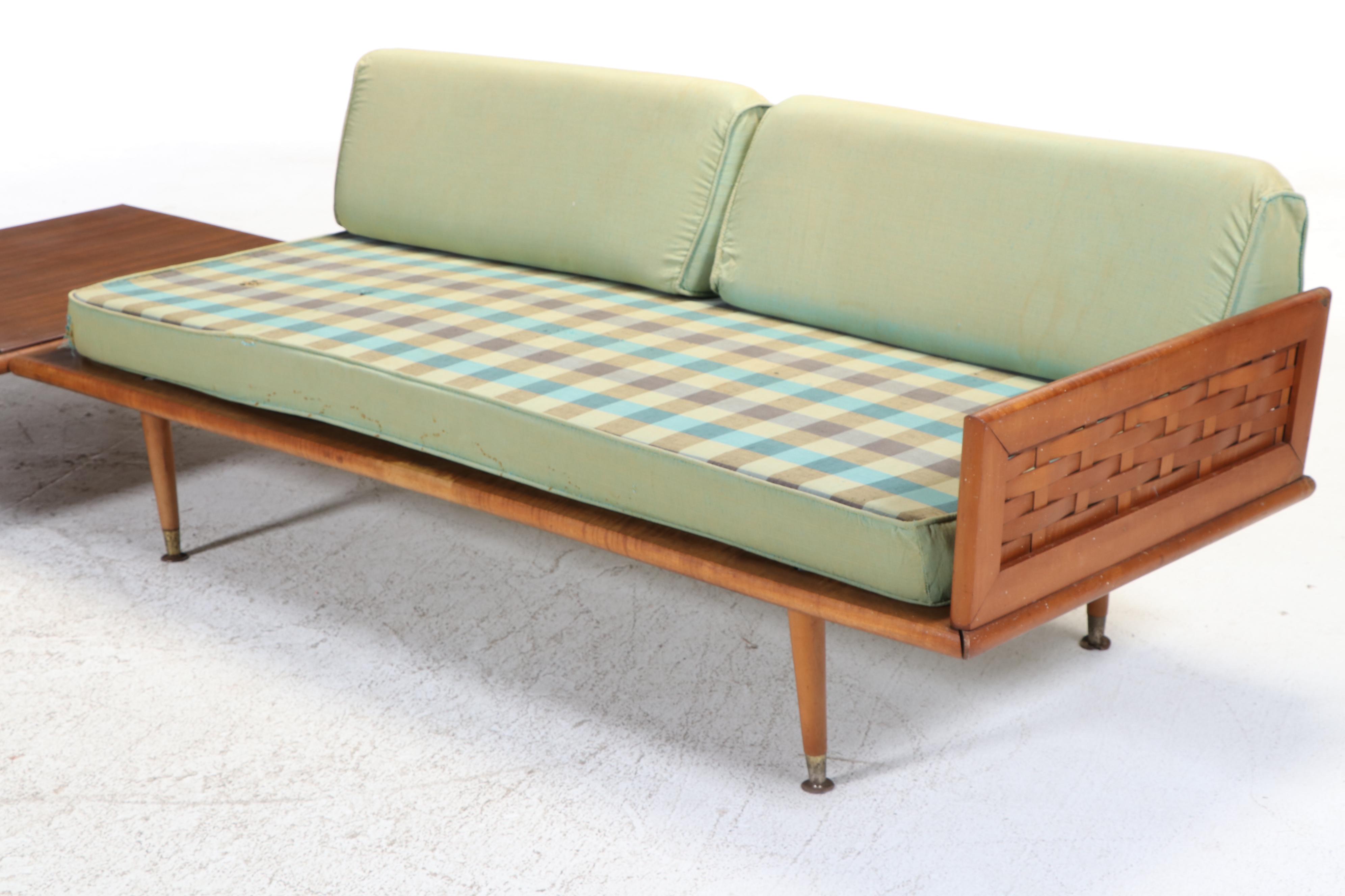 Two-Piece Mid Century Modern Maple, Laminate, and Splint-Woven Sectional Sofa