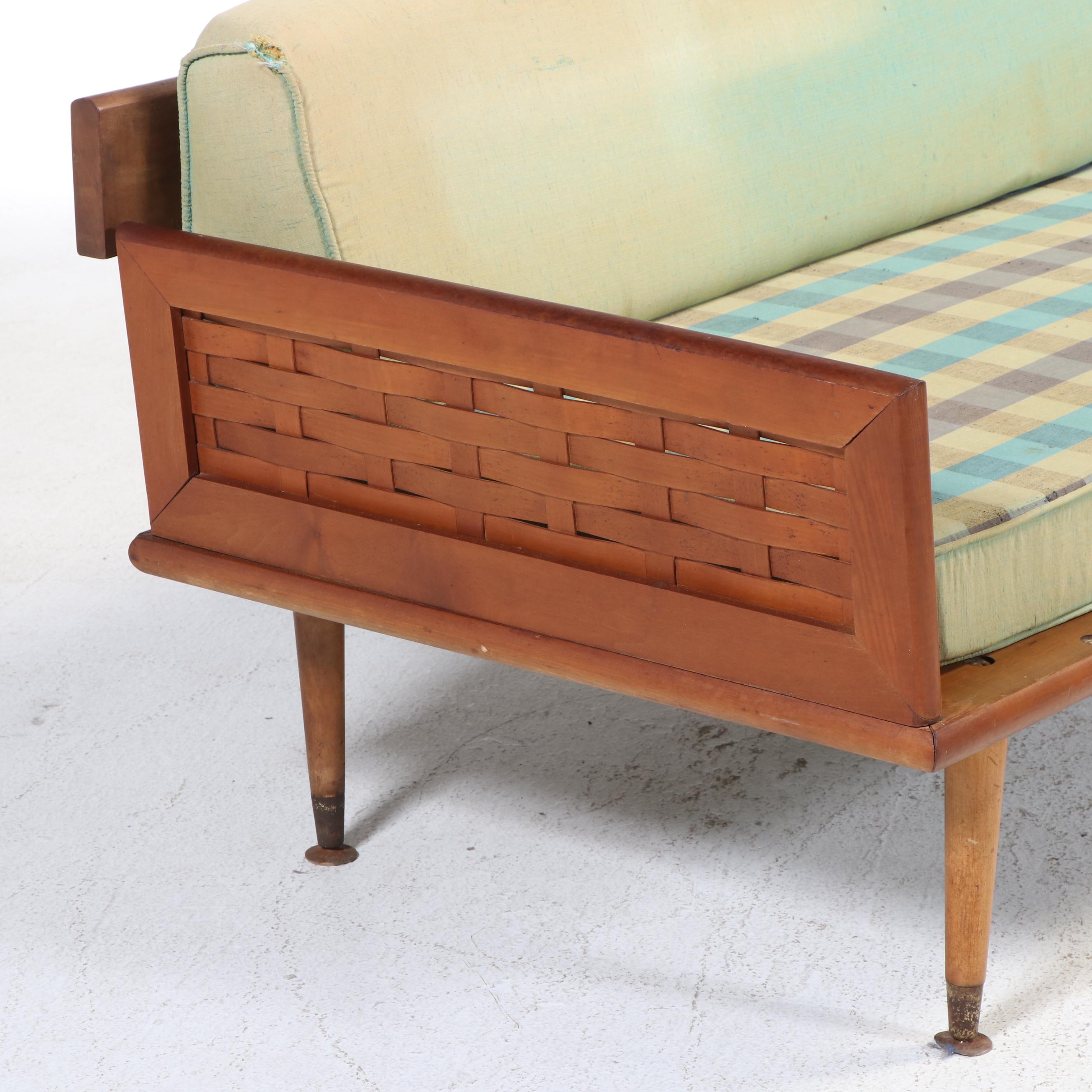 Two-Piece Mid Century Modern Maple, Laminate, and Splint-Woven Sectional Sofa