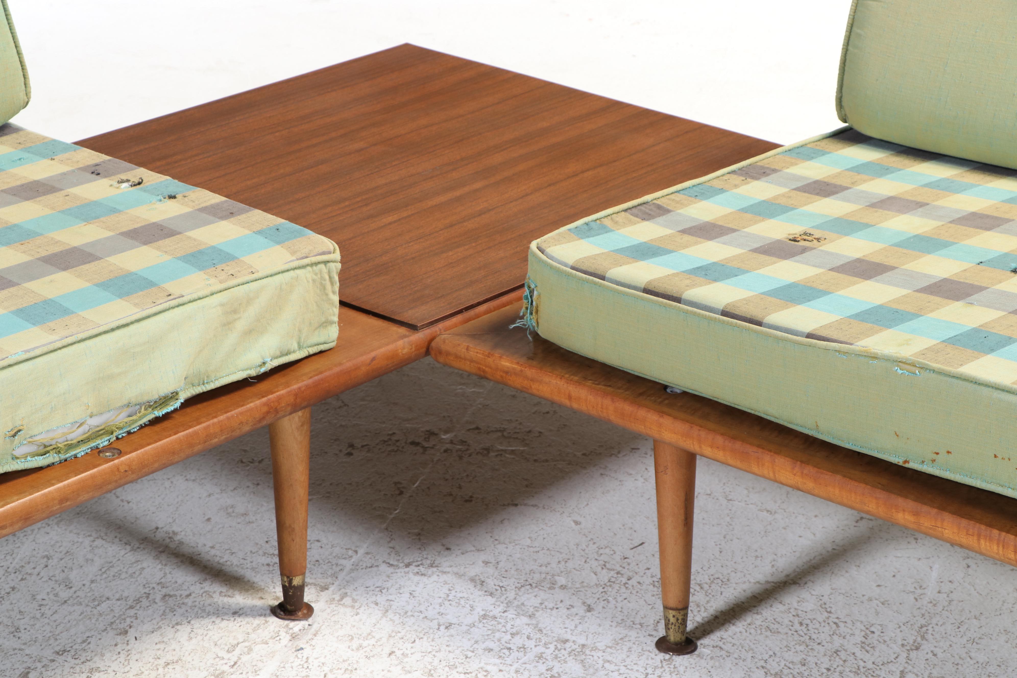 Two-Piece Mid Century Modern Maple, Laminate, and Splint-Woven Sectional Sofa