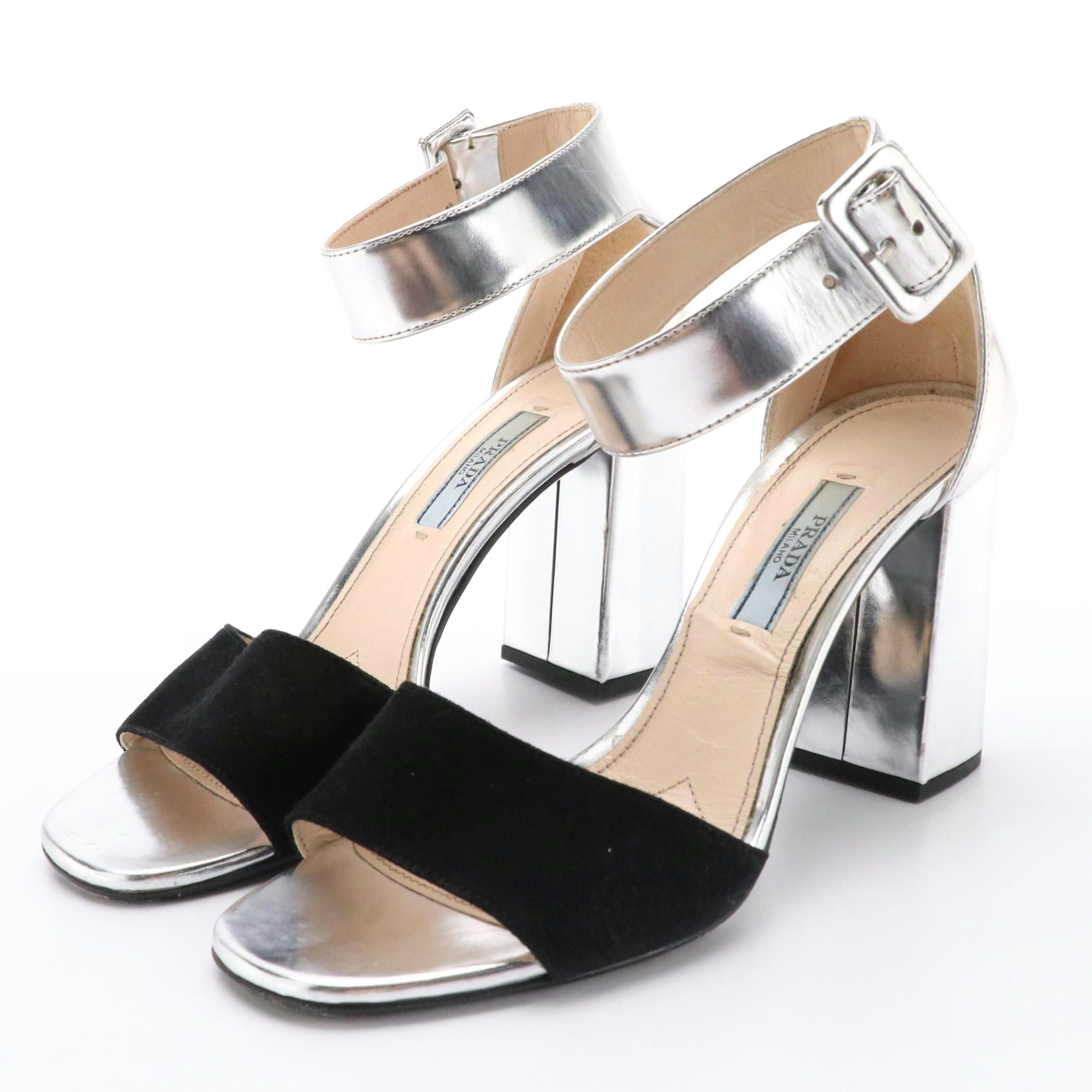Prada Silver Metallic Leather & Black Suede Buckled Ankle Strap Block Heel Pumps