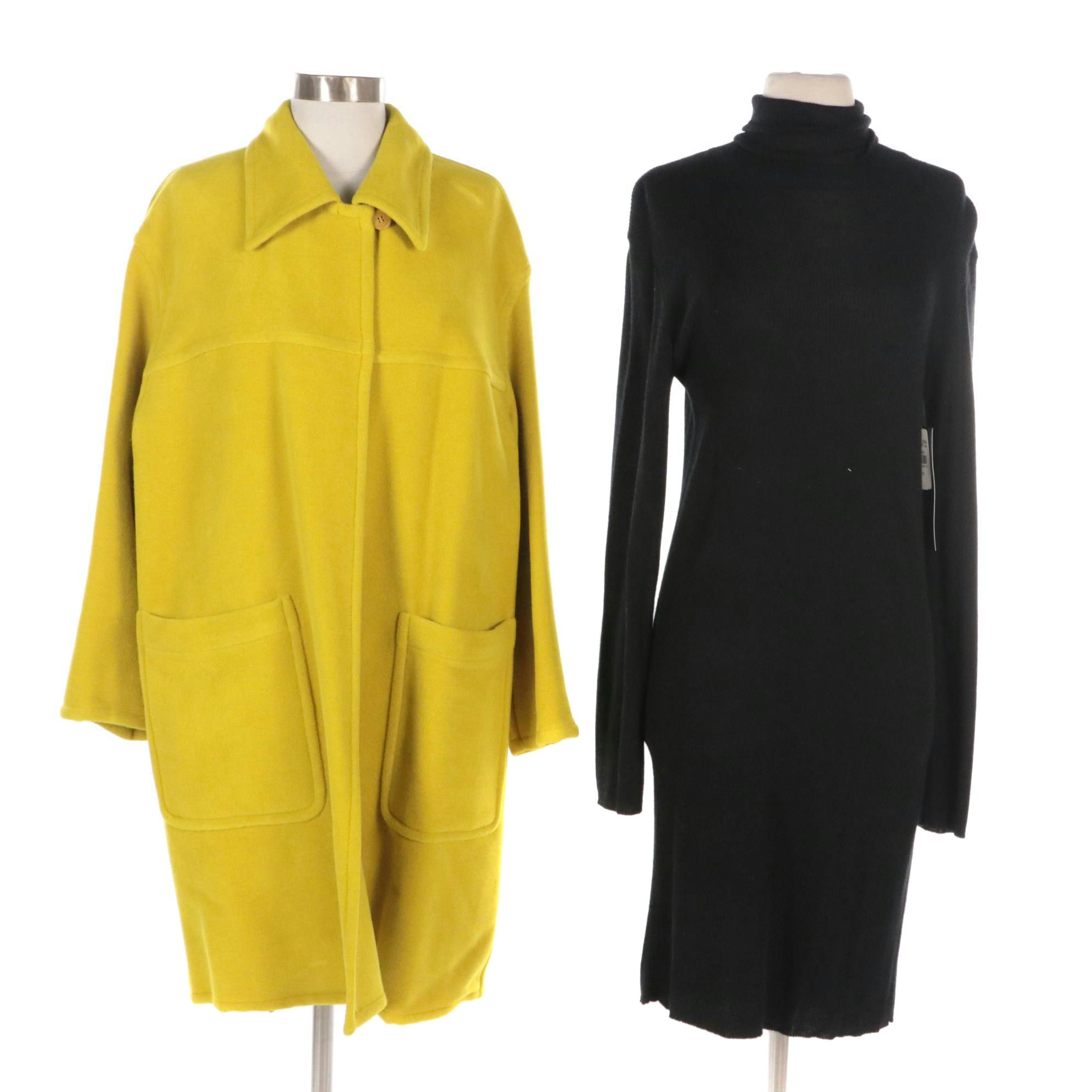 Donna Karan Ribbed Cashmere Knit Turtleneck Dress (NWT) and Wool Blend Coat