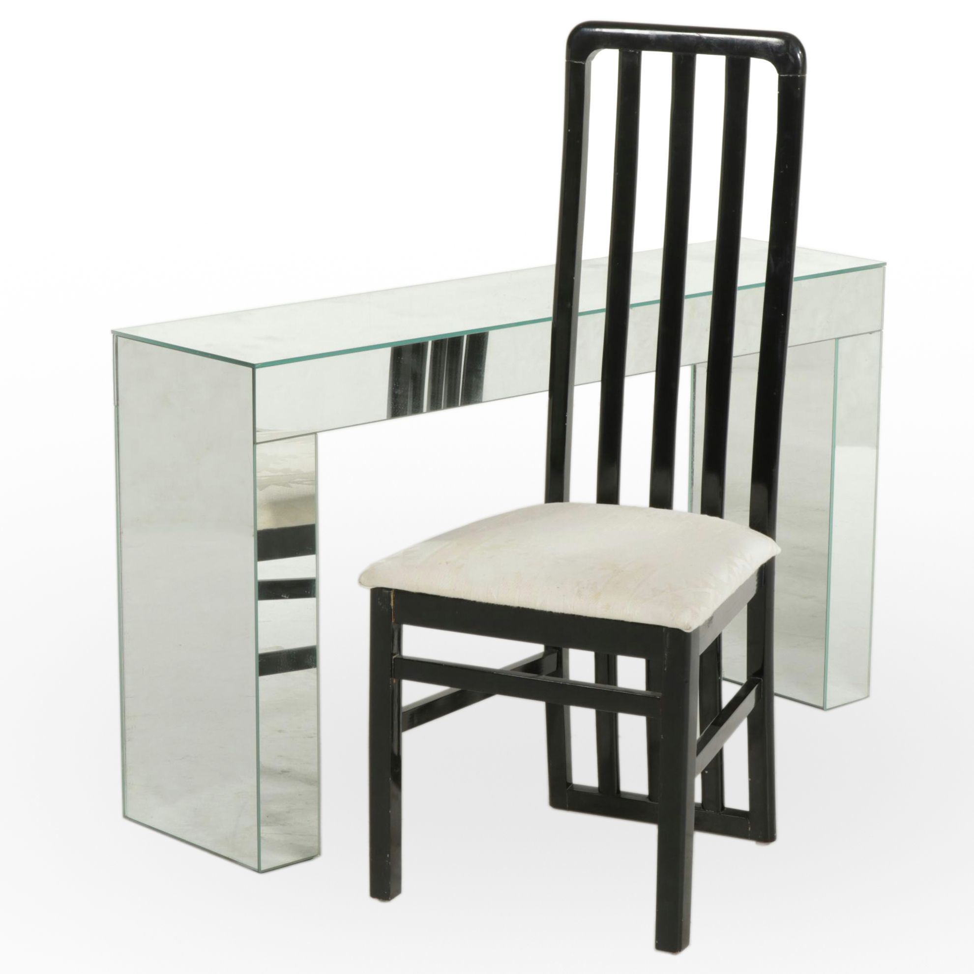 Mirrored Sofa Table with Black Lacquered Side Chair