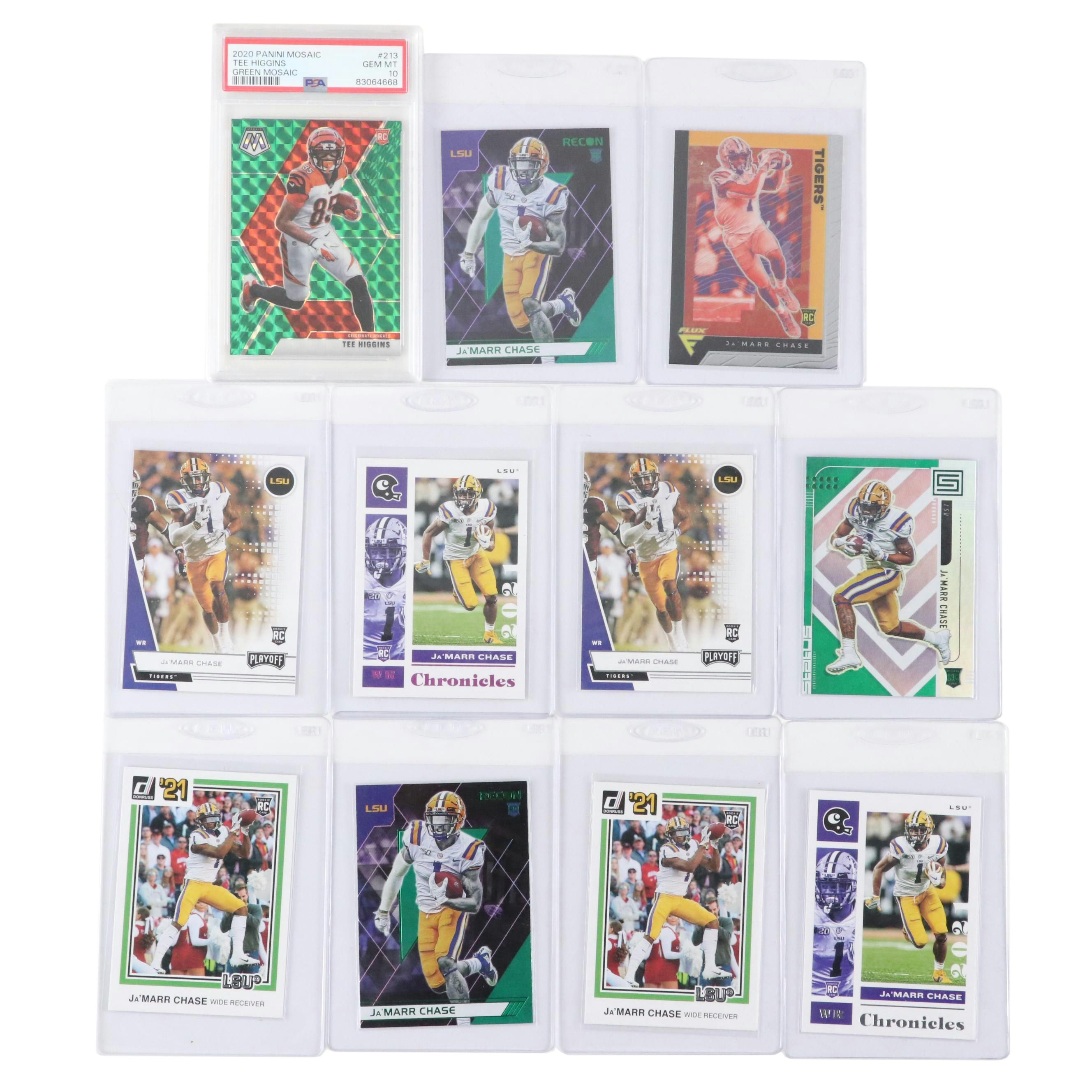 2020 Mosaic Tee Higgins Green Card Graded PSA 10 with Ja'Marr Chase Rookie Cards