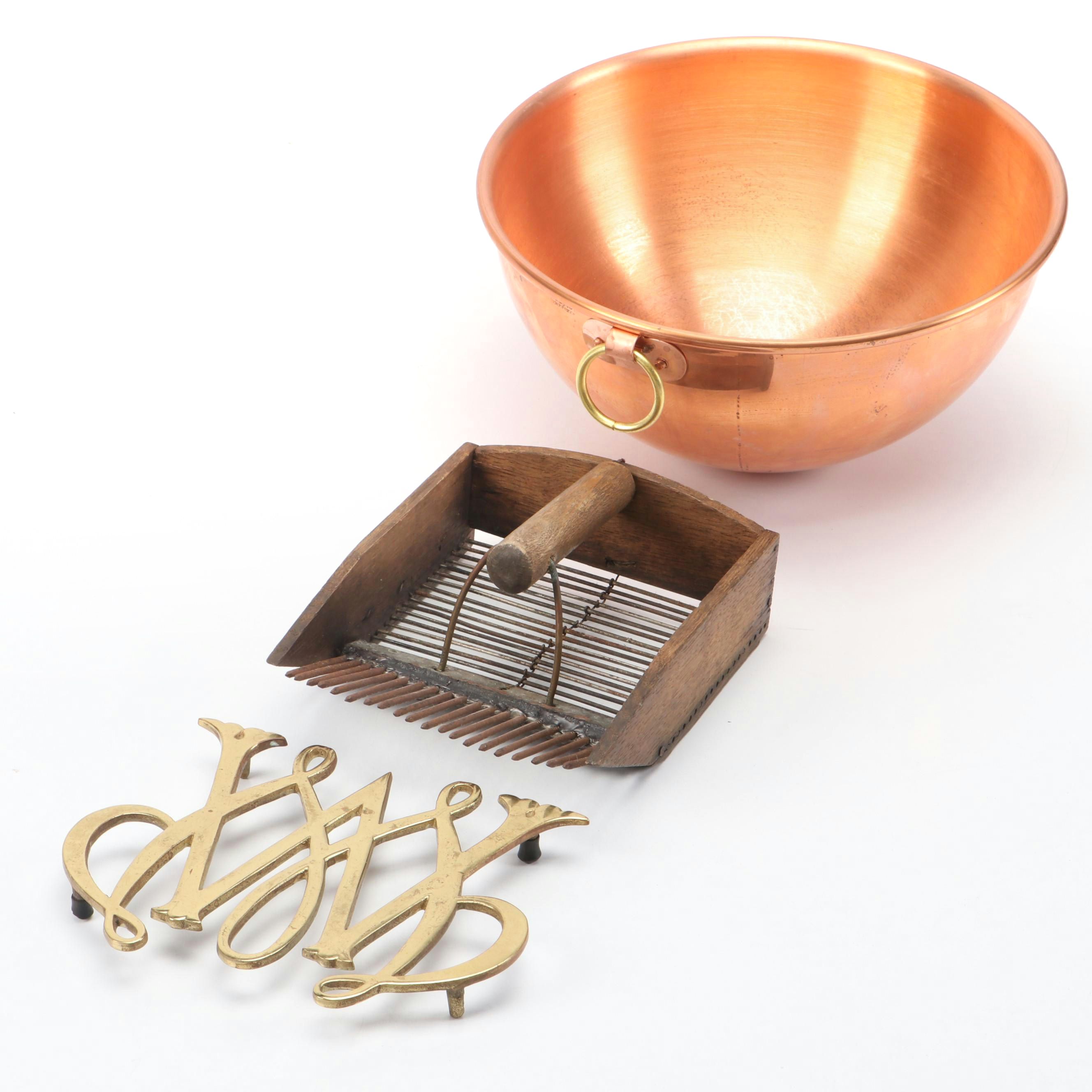 Primitive Wood and Metal Berry Picker Comb with Mauviel Copper Bowl