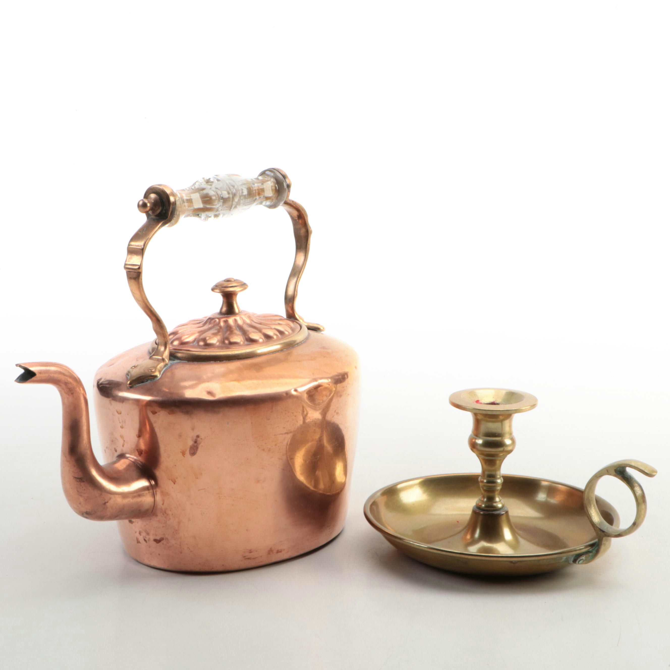 Victorian Style Copper Kettle with Brass Chamberstick, 20th Century