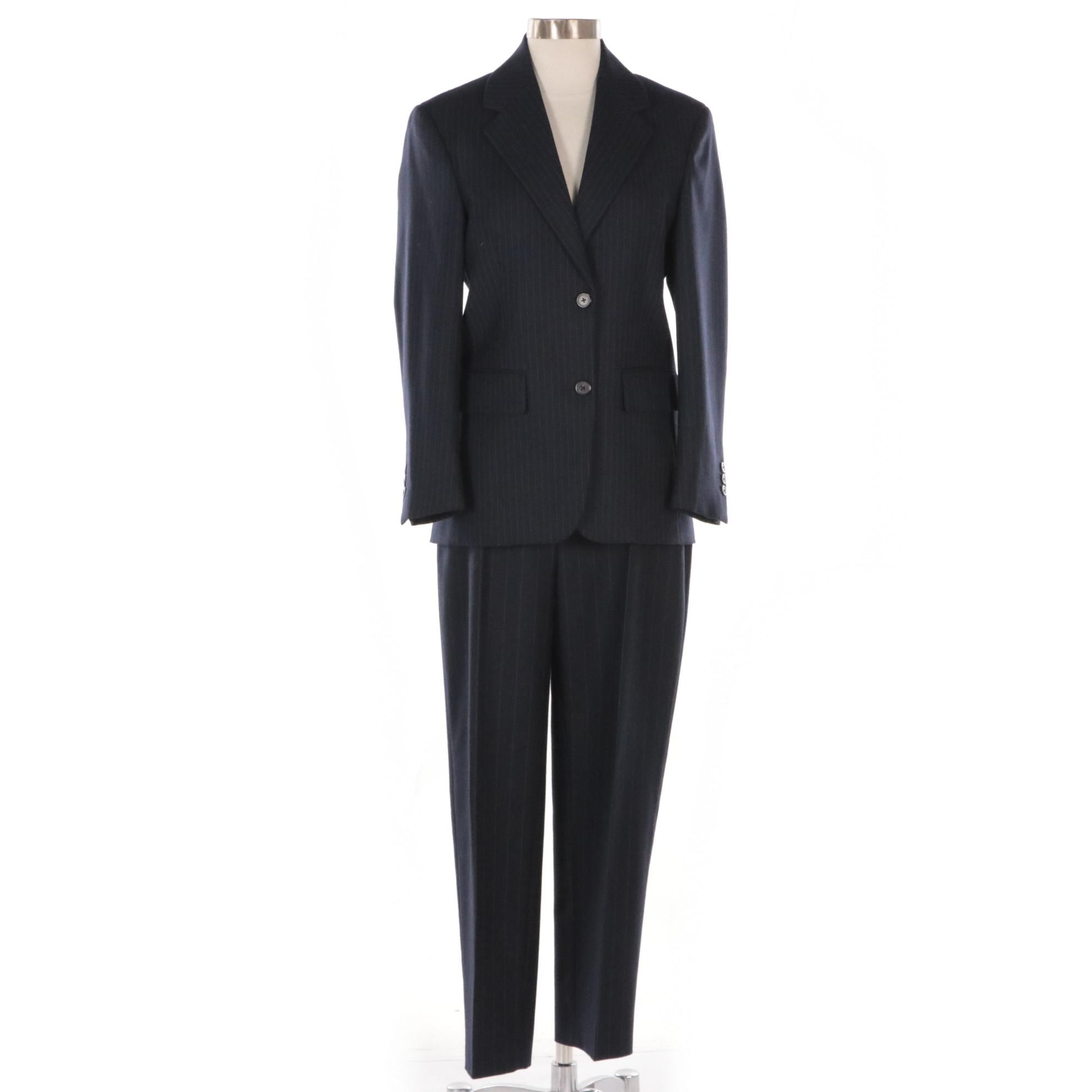 Prada Pinstripe Navy Blue Virgin Wool Two-Button Pantsuit with Knitted Detail