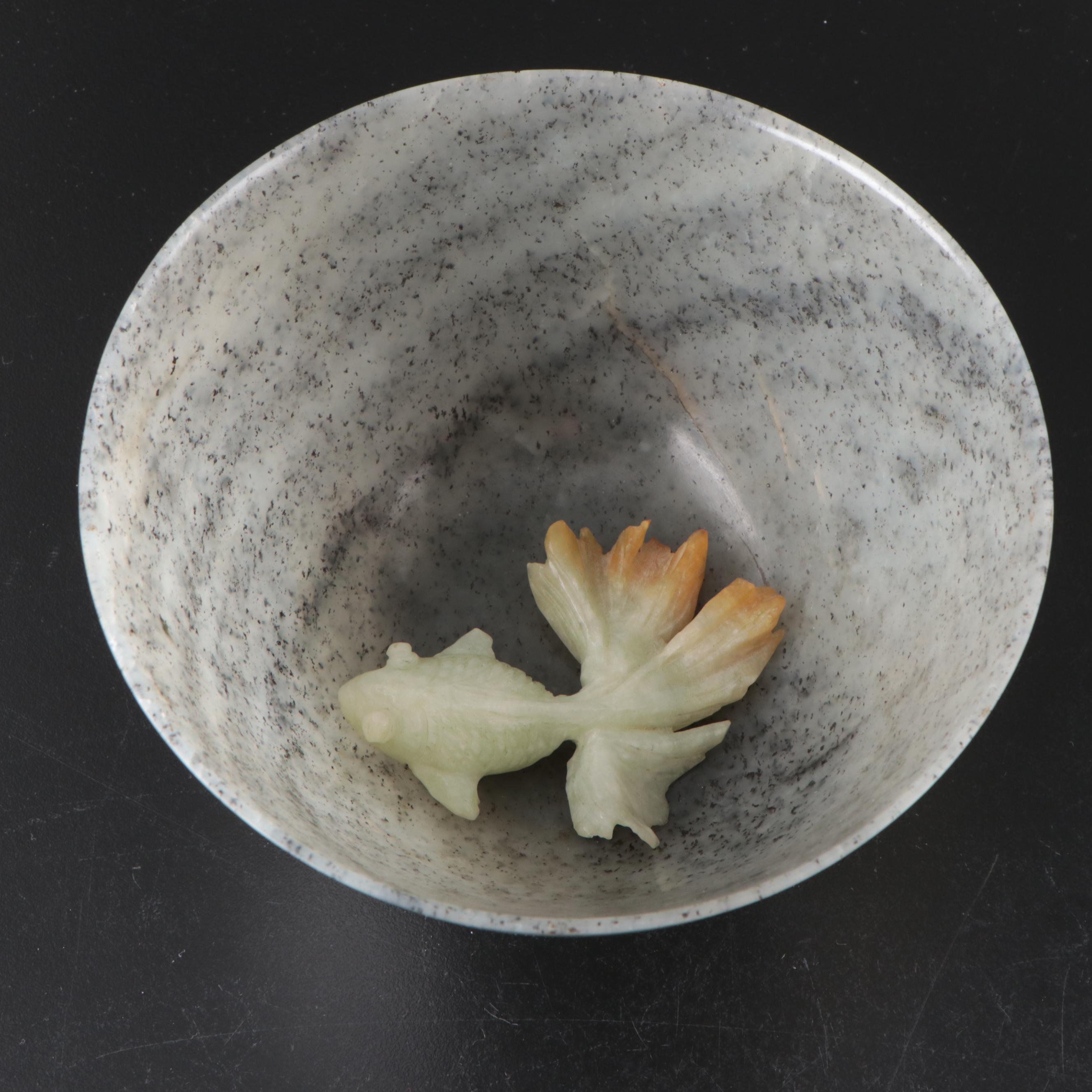 Chinese Carved Serpentine Bowl and Goldfish