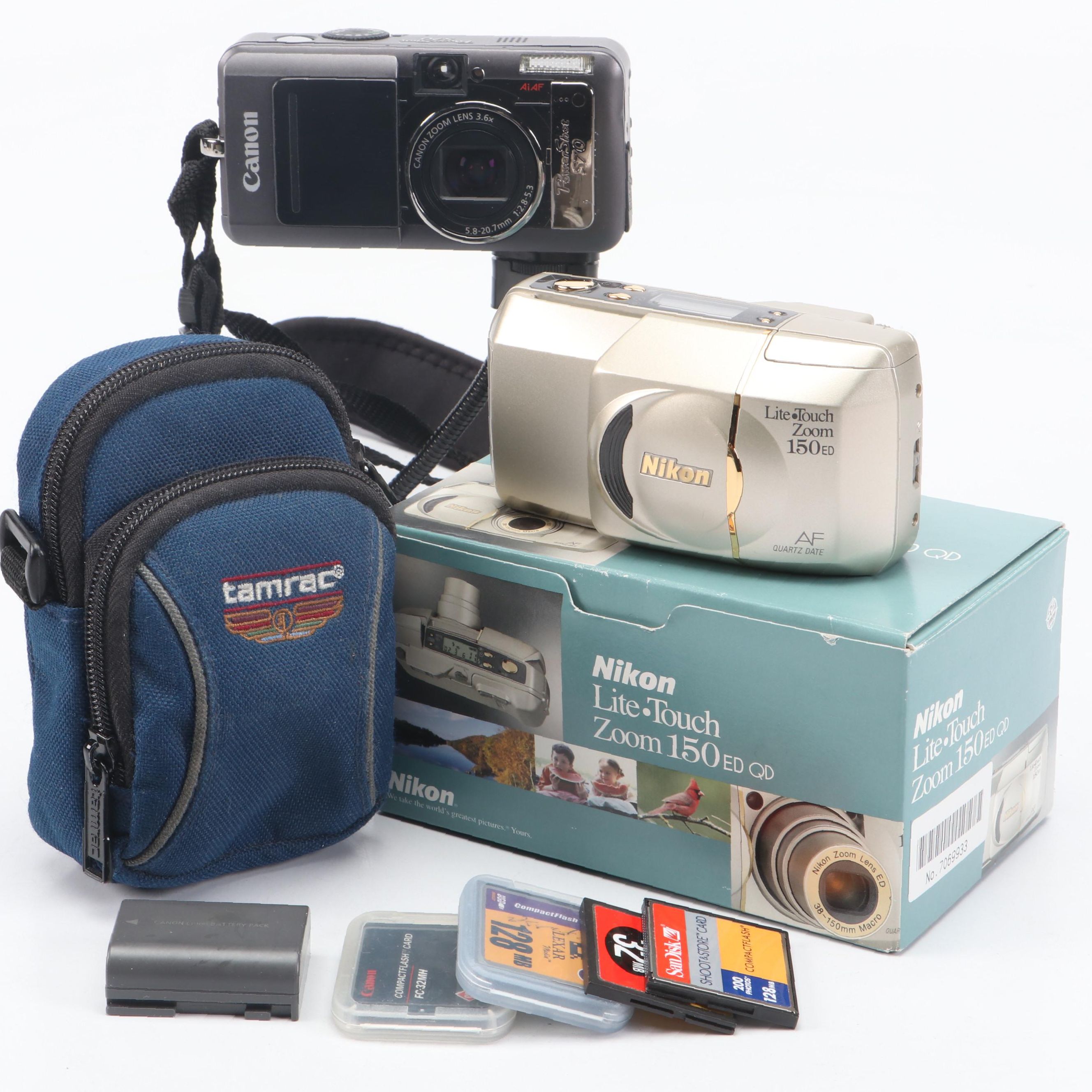 Canon PowerShot S70 and Nikon Life-Touch Zoom 150 ED with Cards and Bag