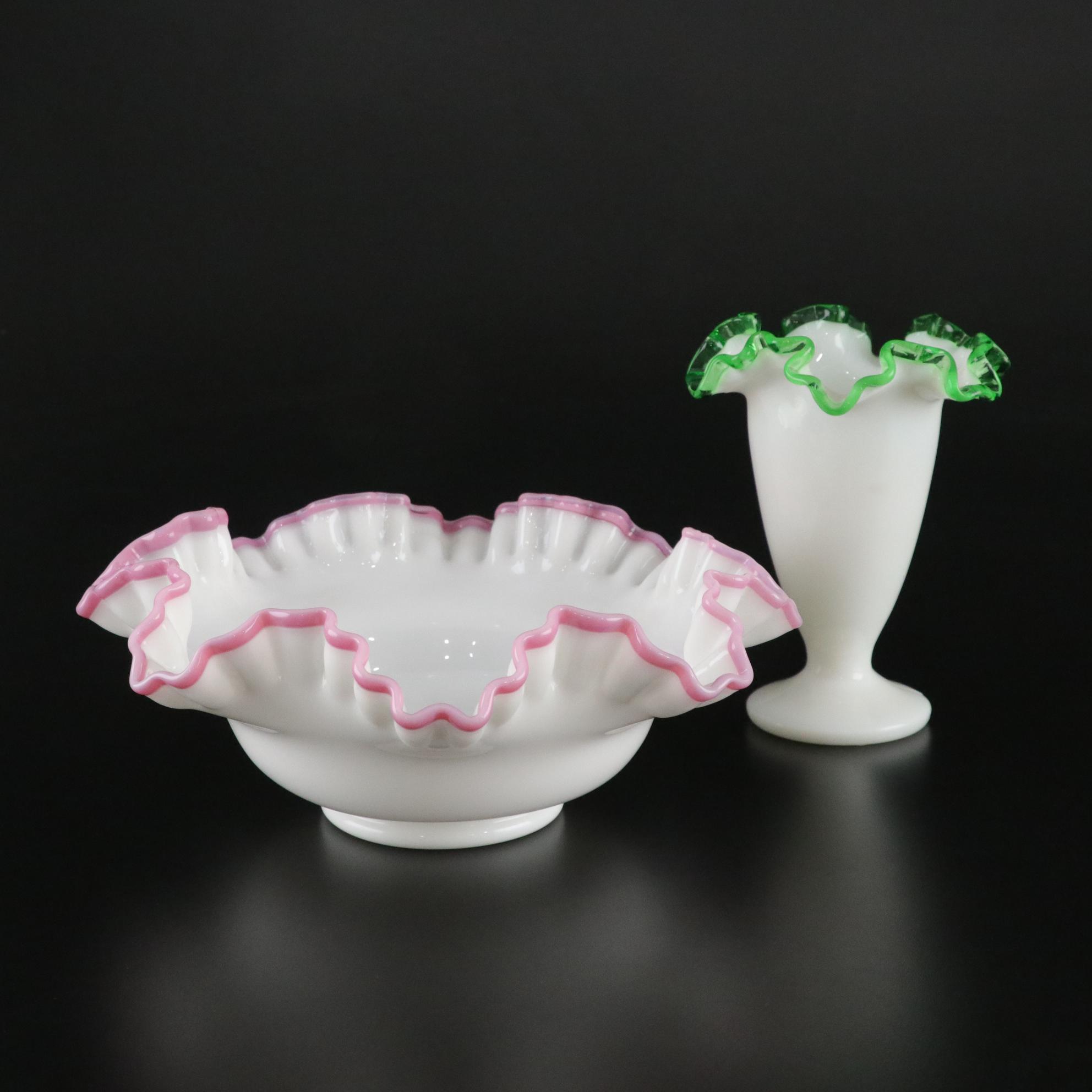 Fenton Glass "Apple Blossom Crest" Ruffled Bowl and "Emerald Crest" Ruffled Vase