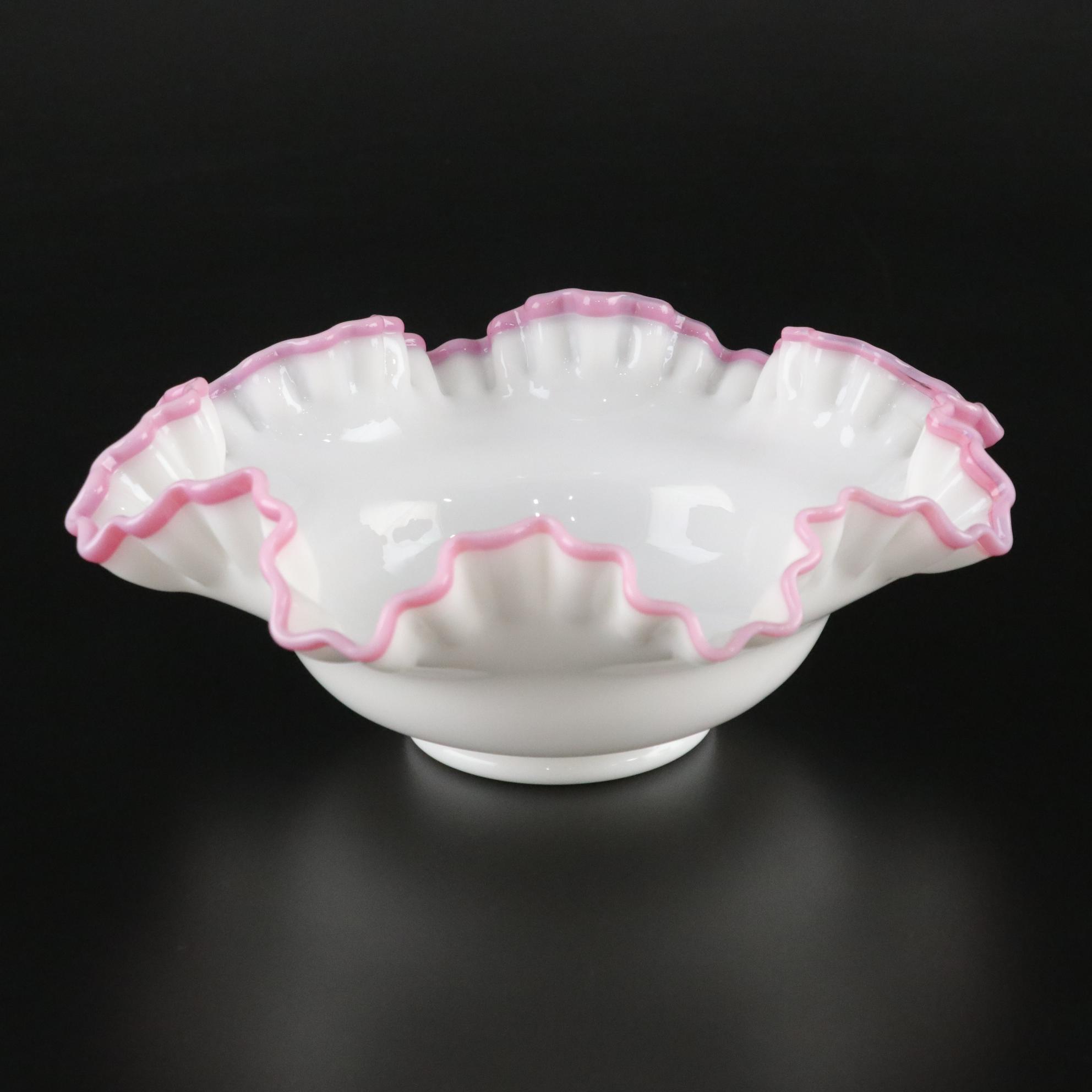 Fenton Glass "Apple Blossom Crest" Ruffled Bowl and "Emerald Crest" Ruffled Vase