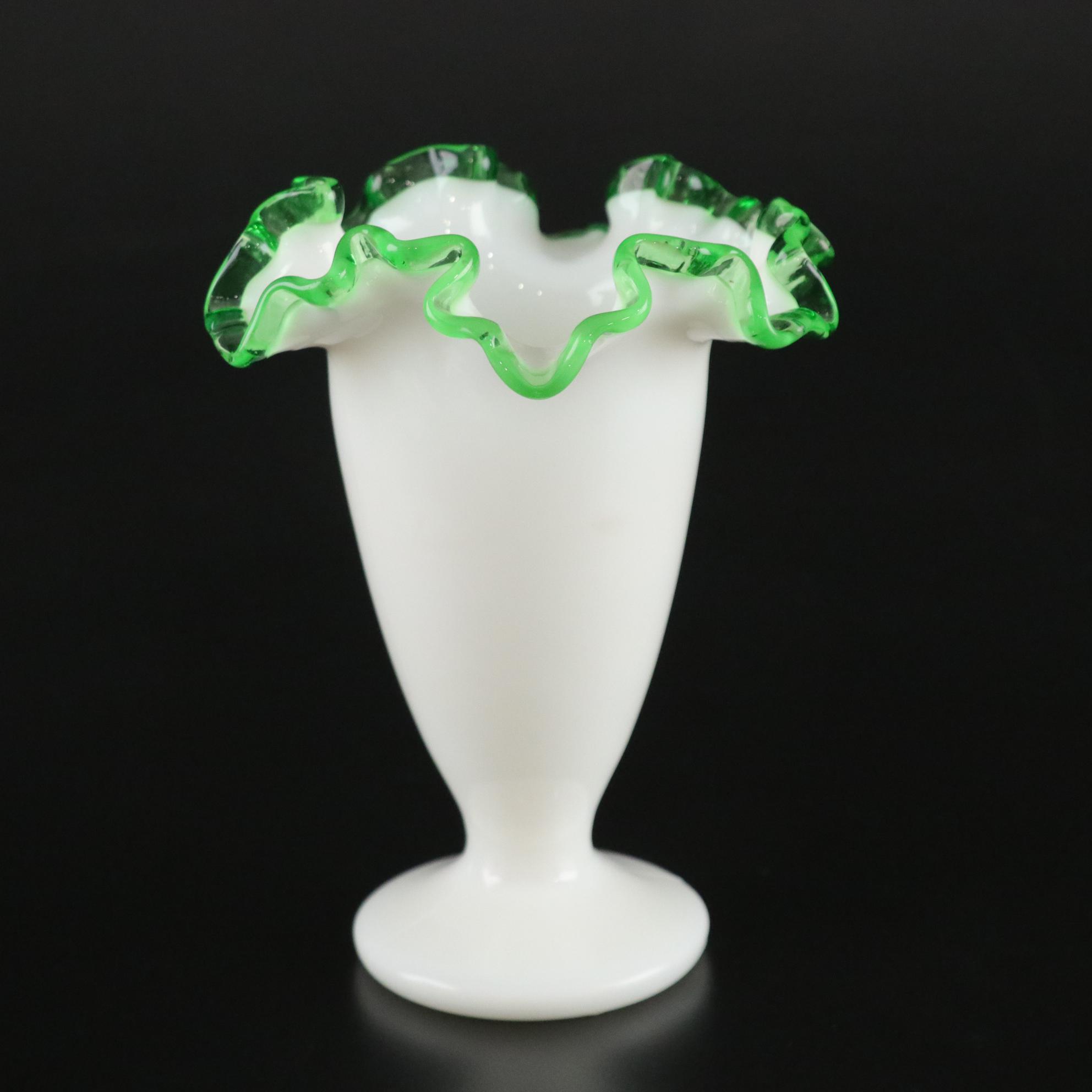 Fenton Glass "Apple Blossom Crest" Ruffled Bowl and "Emerald Crest" Ruffled Vase