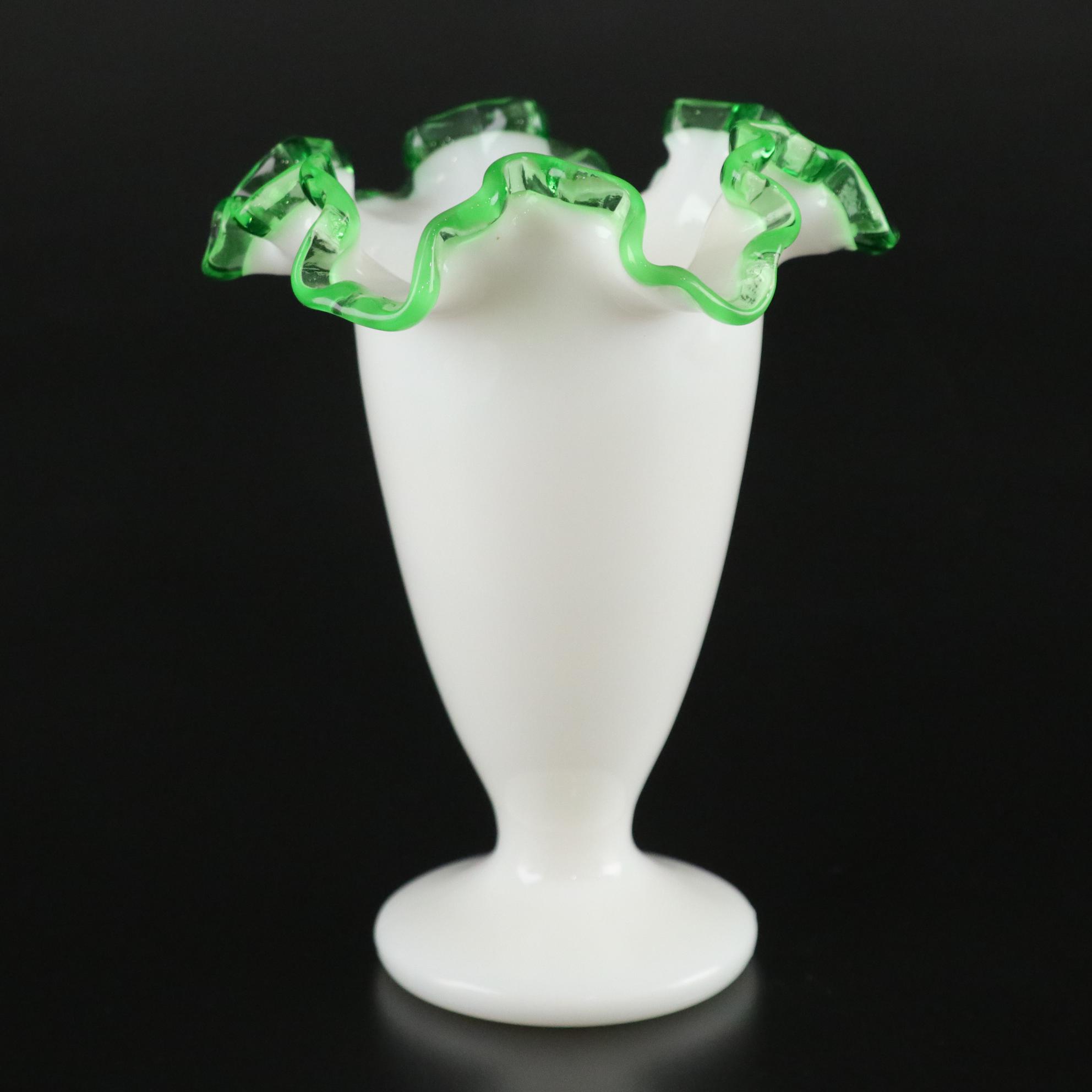 Fenton Glass "Apple Blossom Crest" Ruffled Bowl and "Emerald Crest" Ruffled Vase