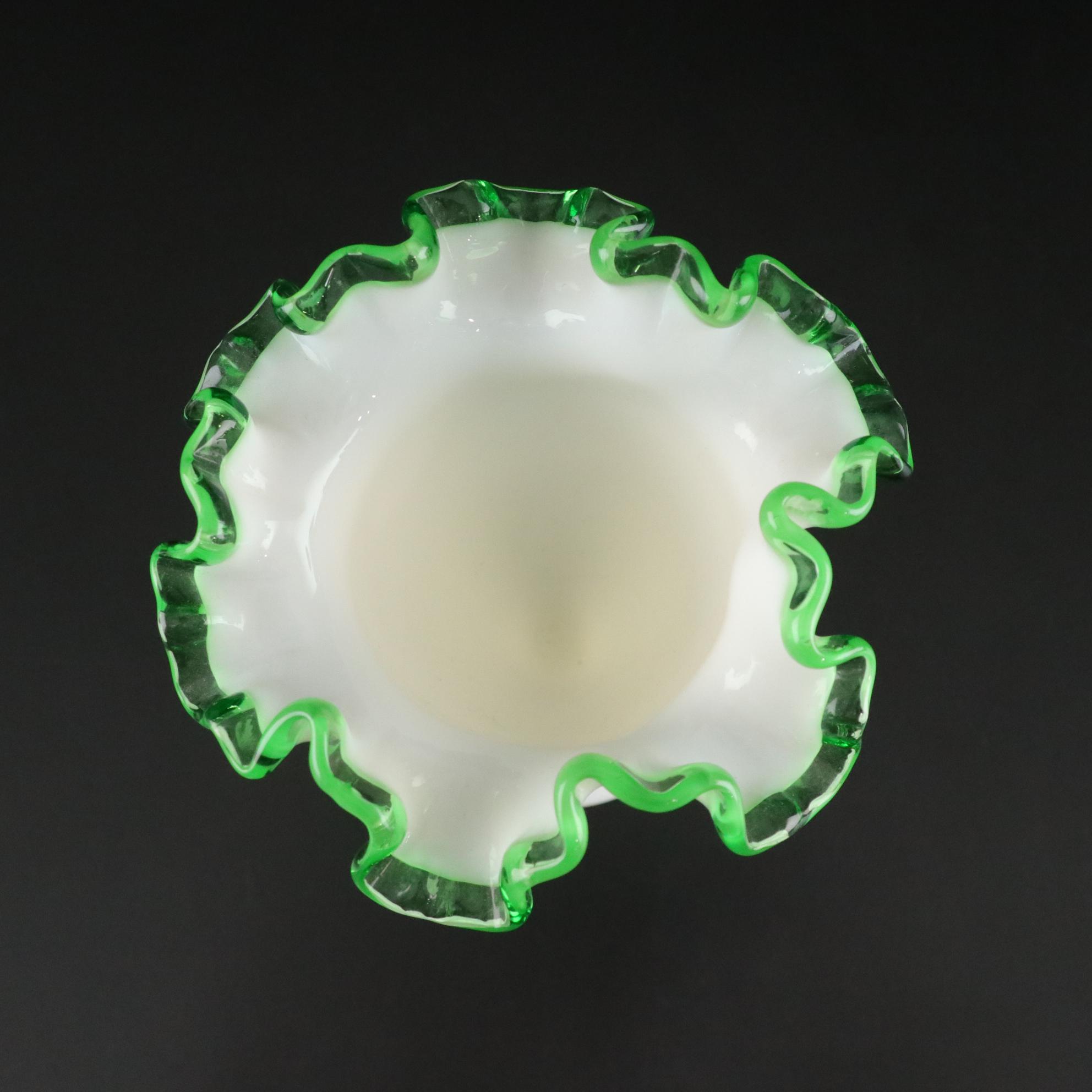 Fenton Glass "Apple Blossom Crest" Ruffled Bowl and "Emerald Crest" Ruffled Vase
