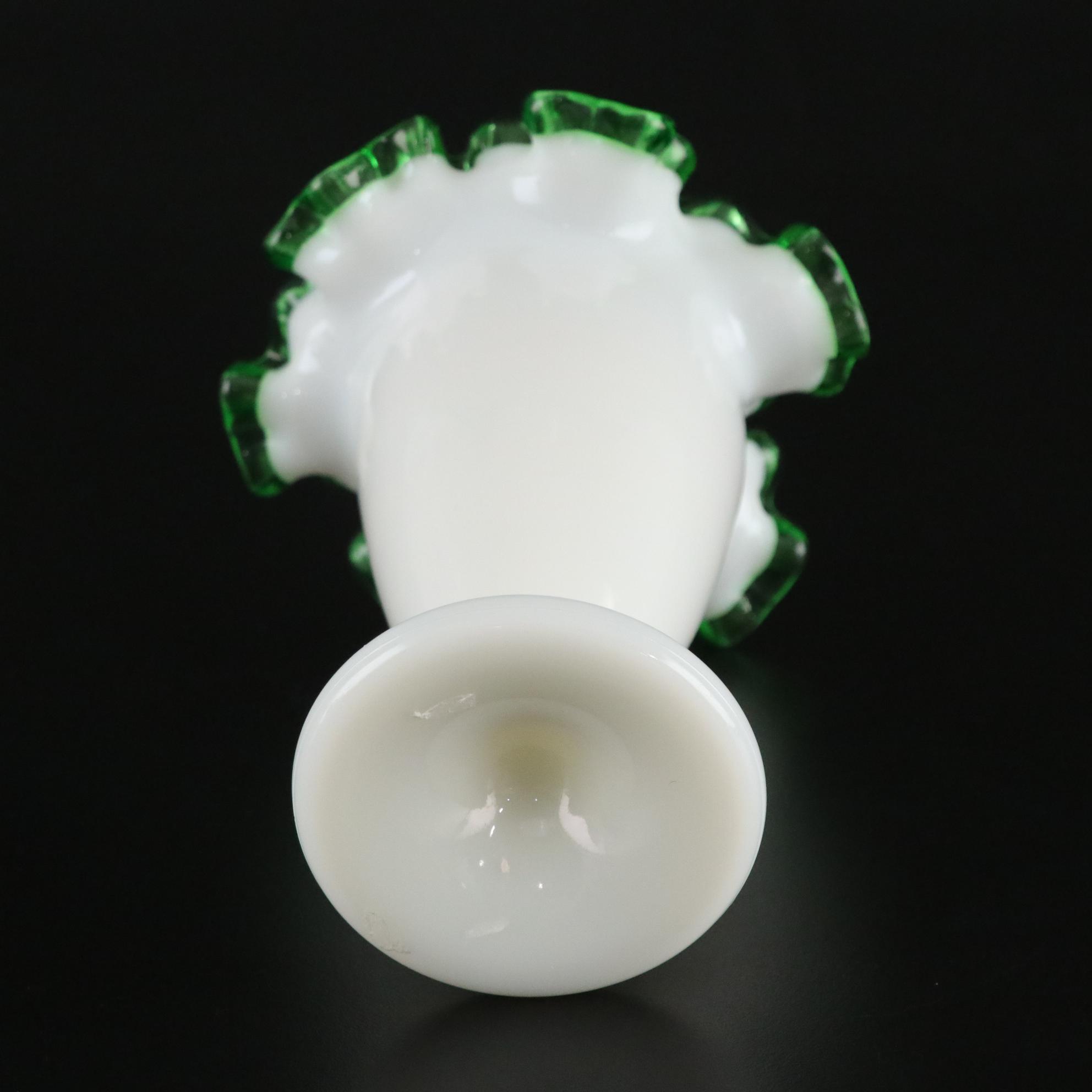 Fenton Glass "Apple Blossom Crest" Ruffled Bowl and "Emerald Crest" Ruffled Vase