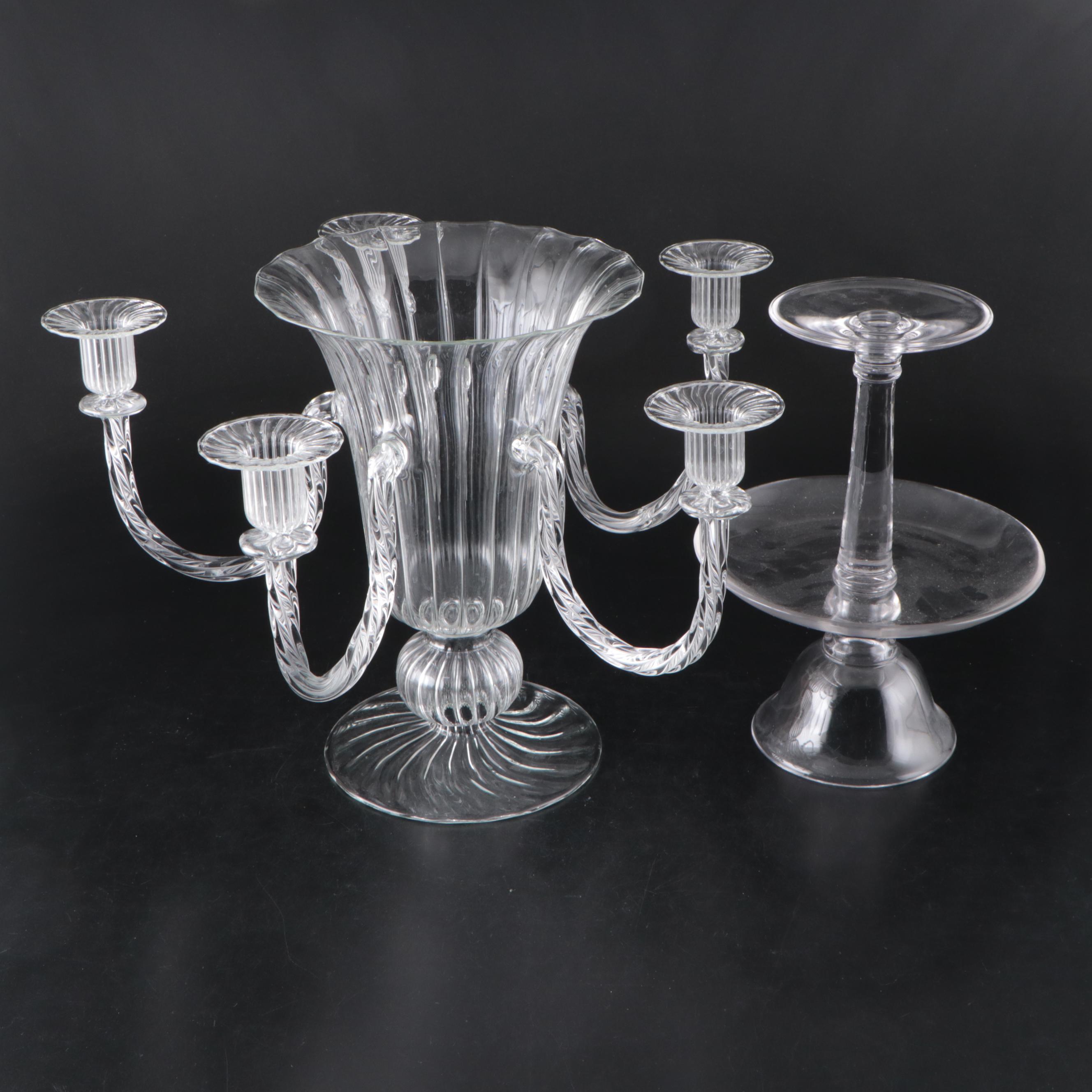 Venetian Style Glass Candelabra Vase and Two-Tier Pedestal Platter