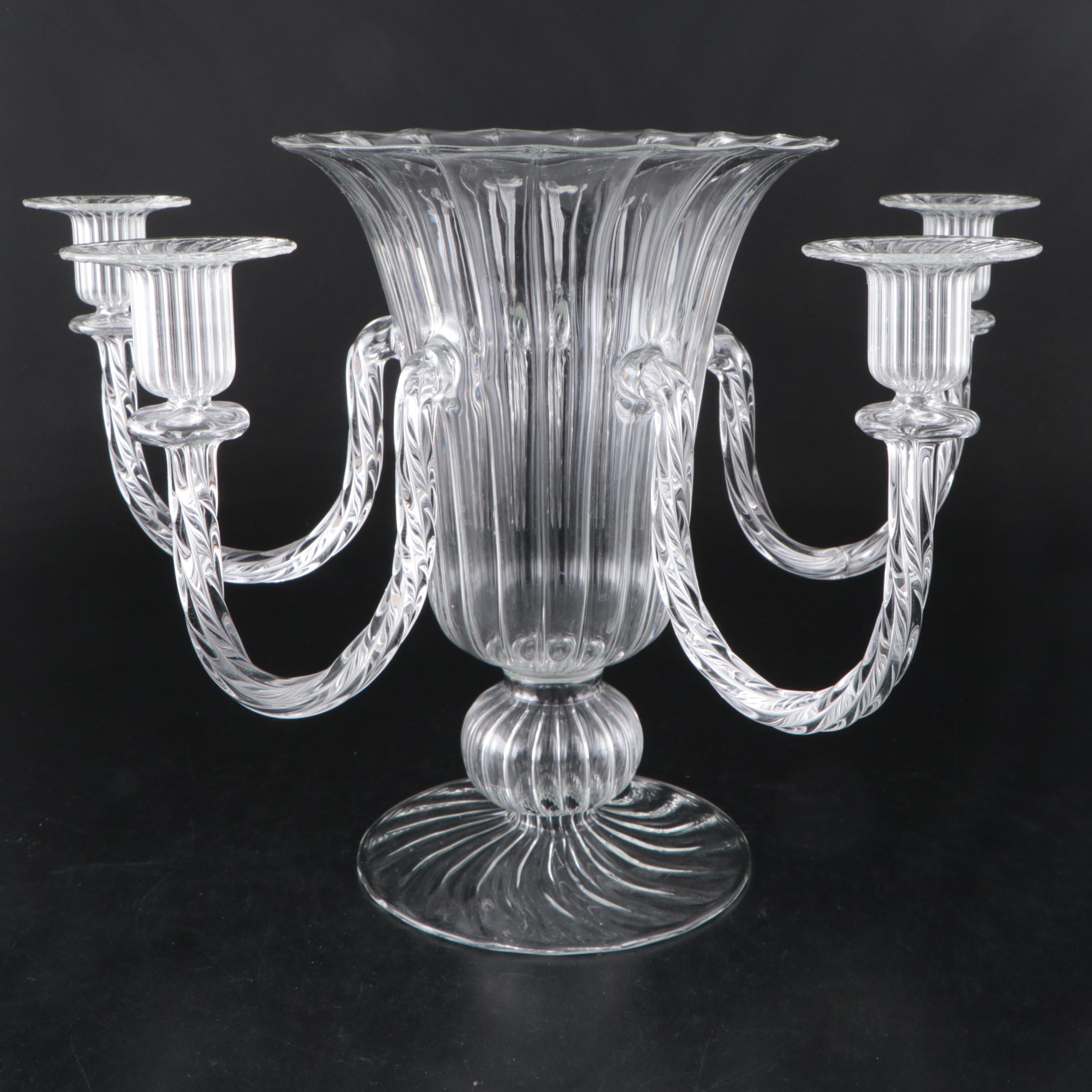 Venetian Style Glass Candelabra Vase and Two-Tier Pedestal Platter
