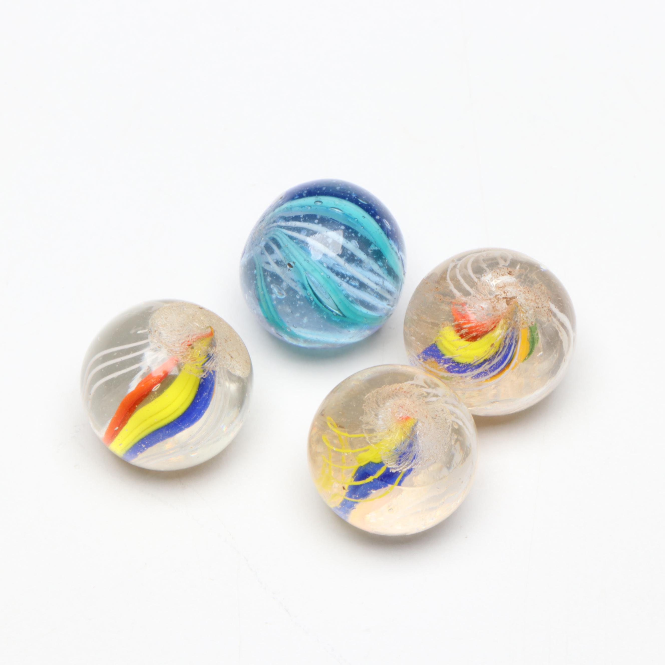 Handcrafted Multicolor Zanfirico and Latticino Core German Glass Marbles in Box