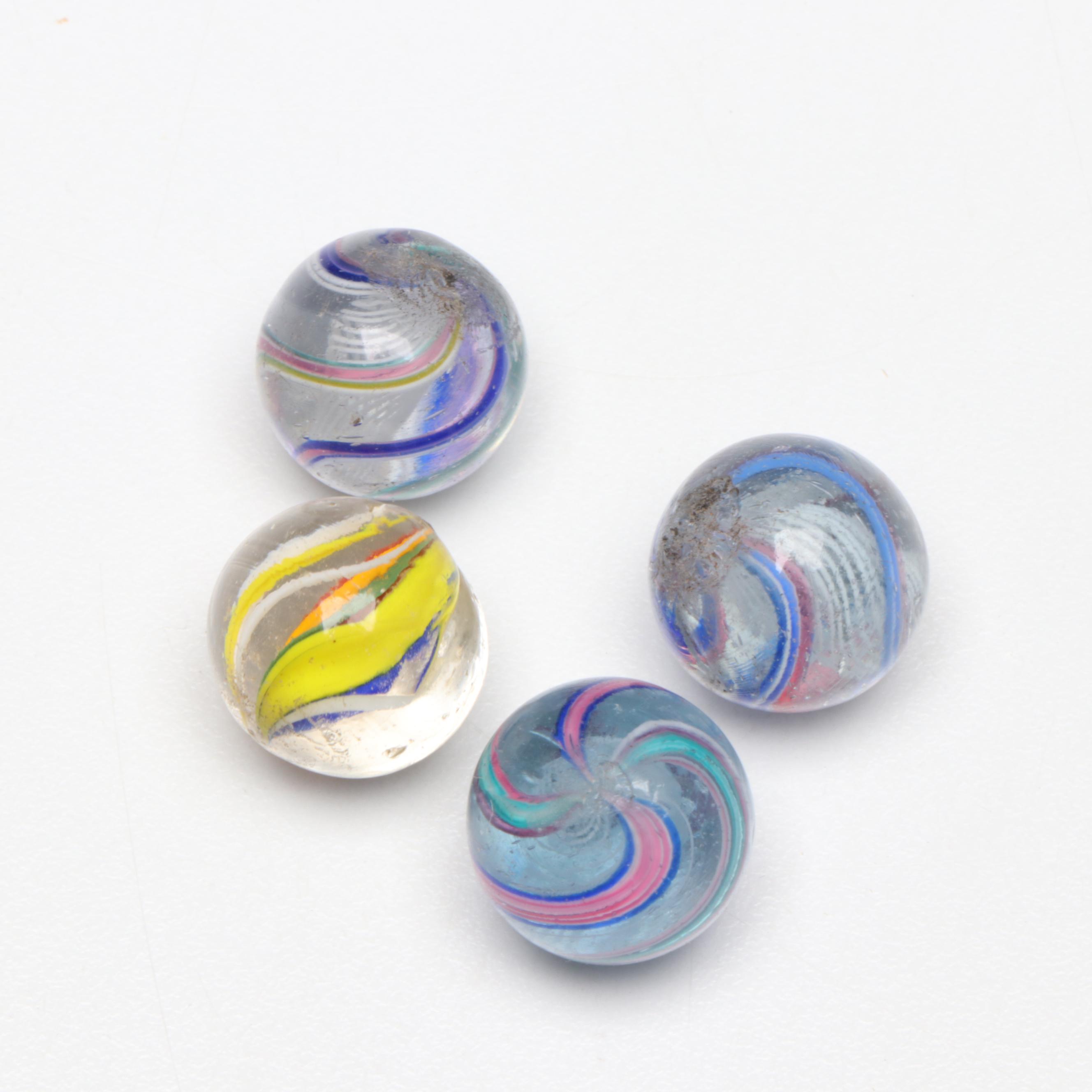 Handcrafted Multicolor Zanfirico and Latticino Core German Glass Marbles in Box