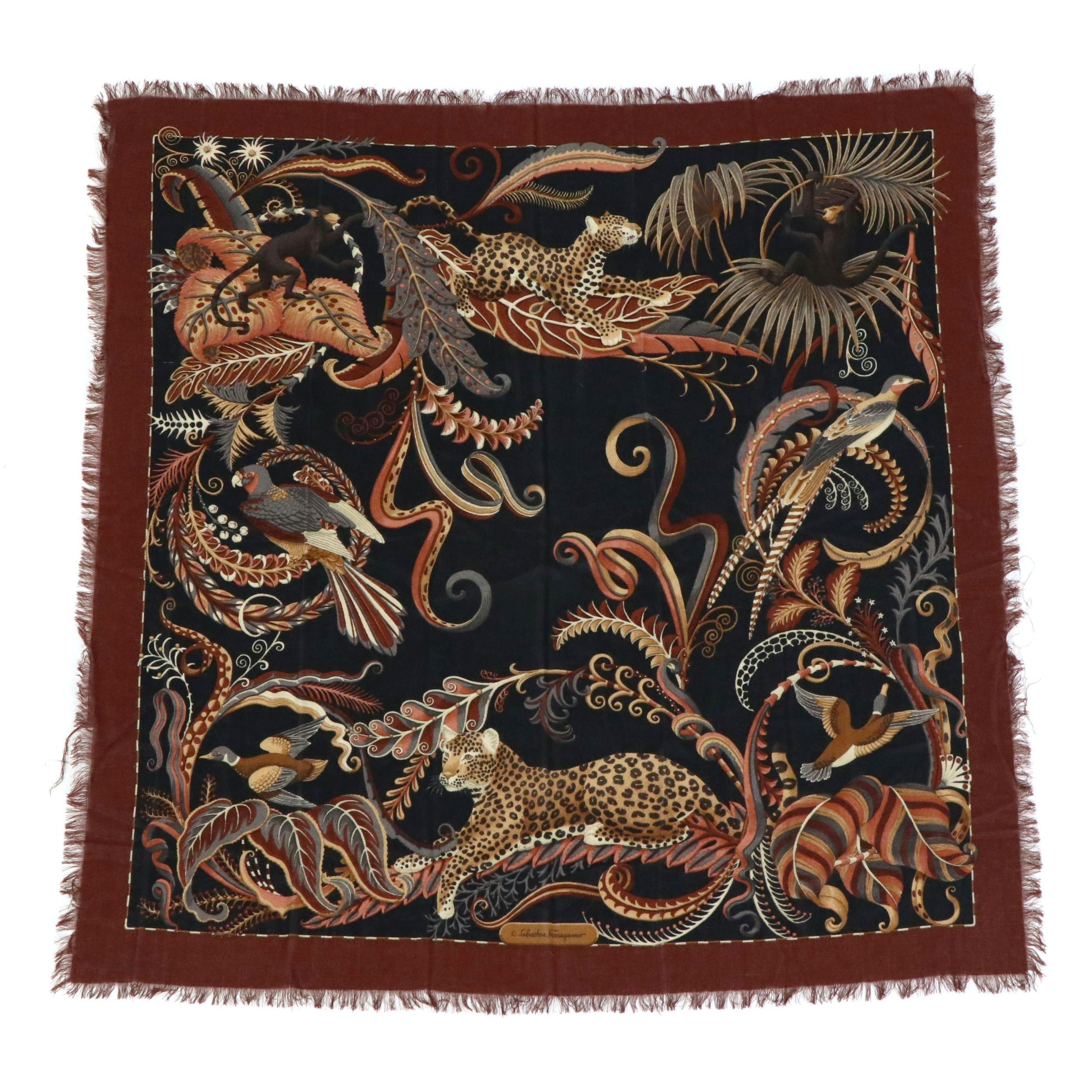 Salvatore Ferragamo Jungle Motif Woven Wool Shawl Scarf