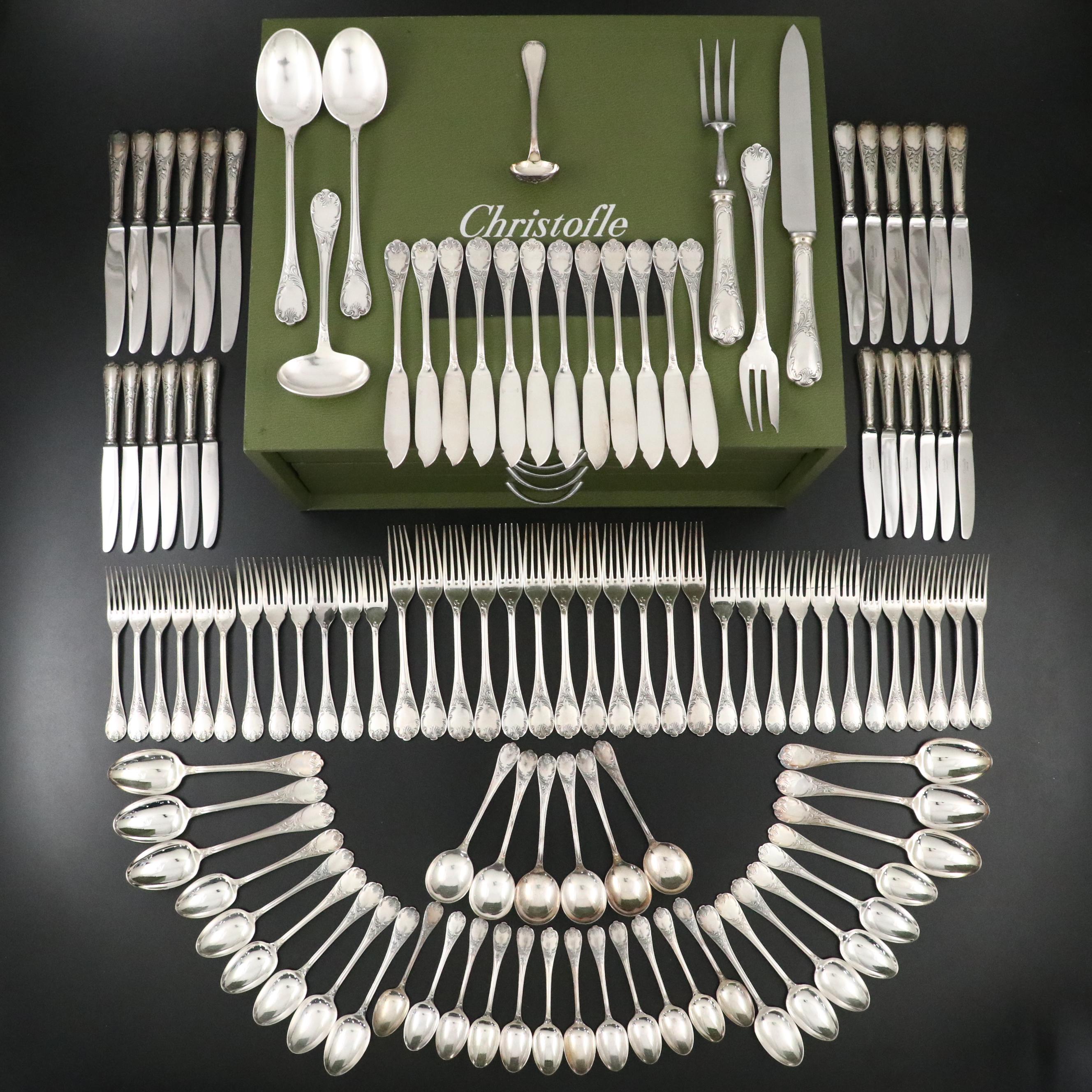 Christofle "Marly" and Other Silver Plate Flatware with Storage Chest