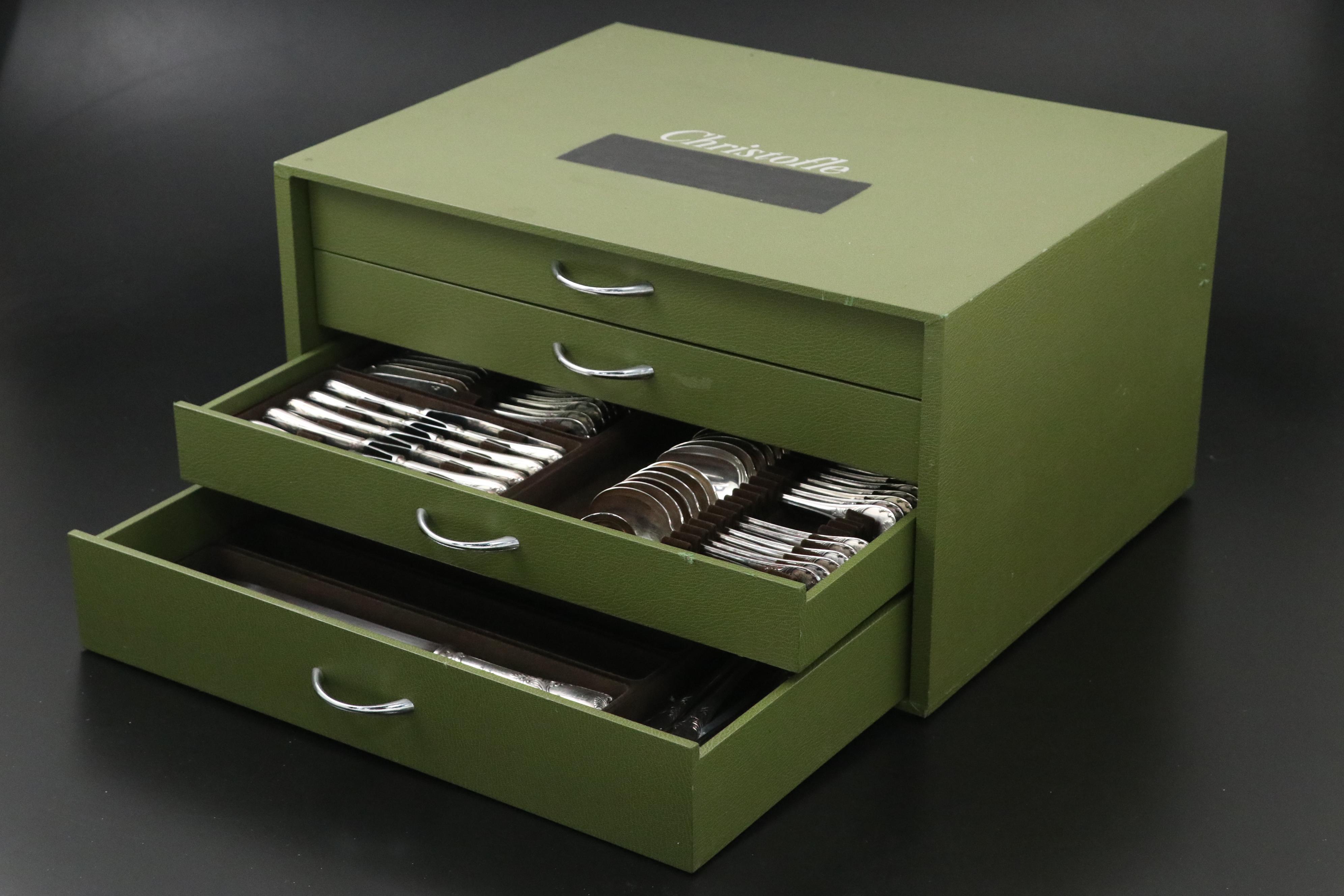 Christofle "Marly" and Other Silver Plate Flatware with Storage Chest