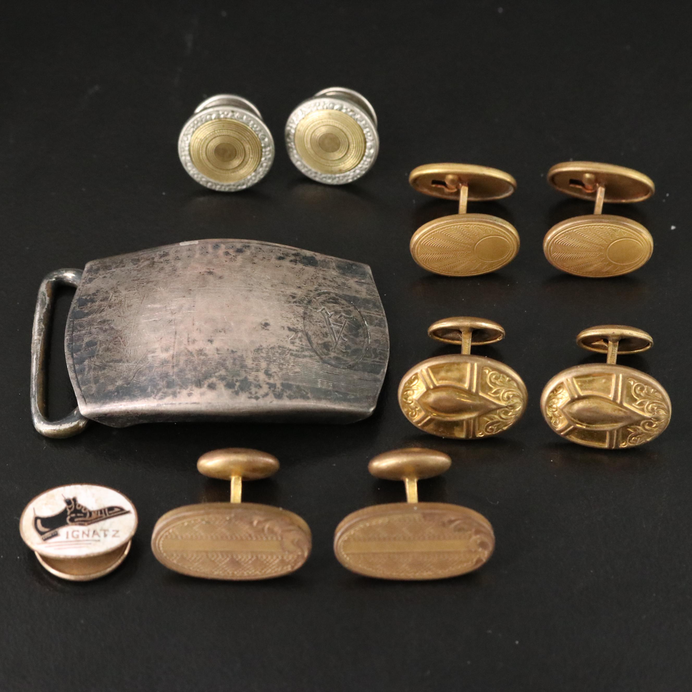 Antique Cufflinks, Shirt Stud and Hickok Sterling Buckle
