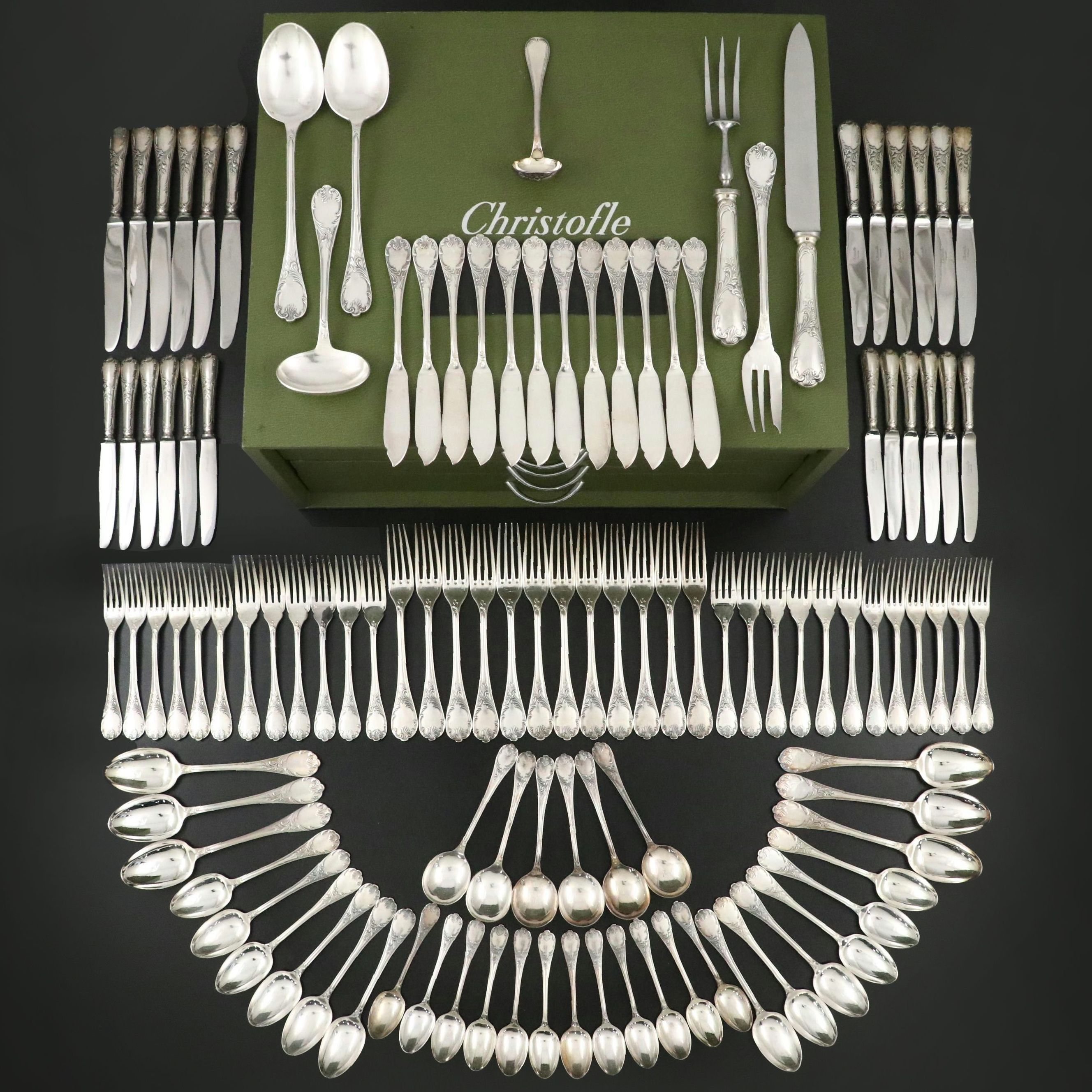 Christofle "Marly" and Other Silver Plate Flatware with Storage Chest