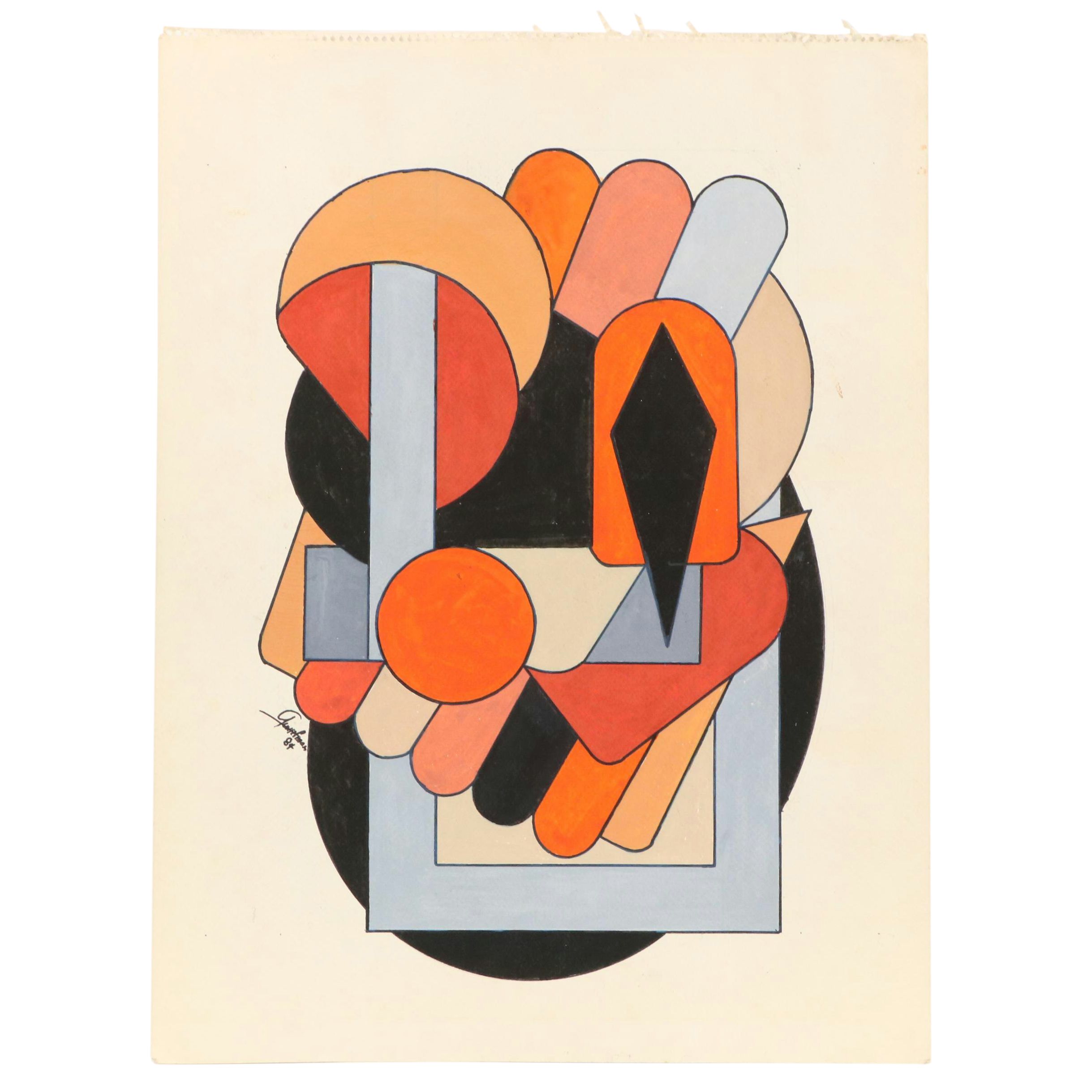 George W. Helman Abstract Modern Double-Sided Gouache Painting, 1984