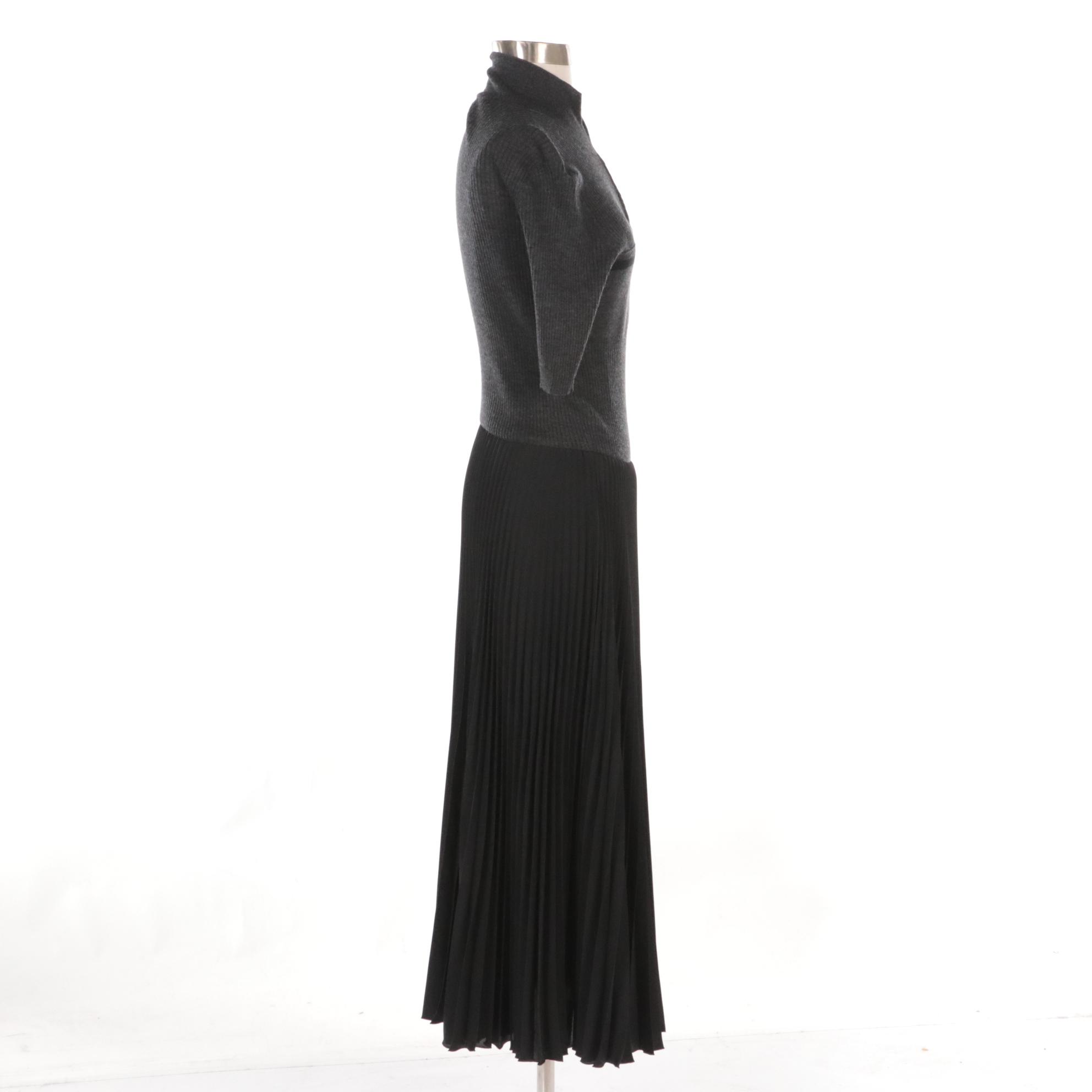 Prada Grey Wool Knit Three-Quarter Zip Black Pleated Silk Mid-Length Dress