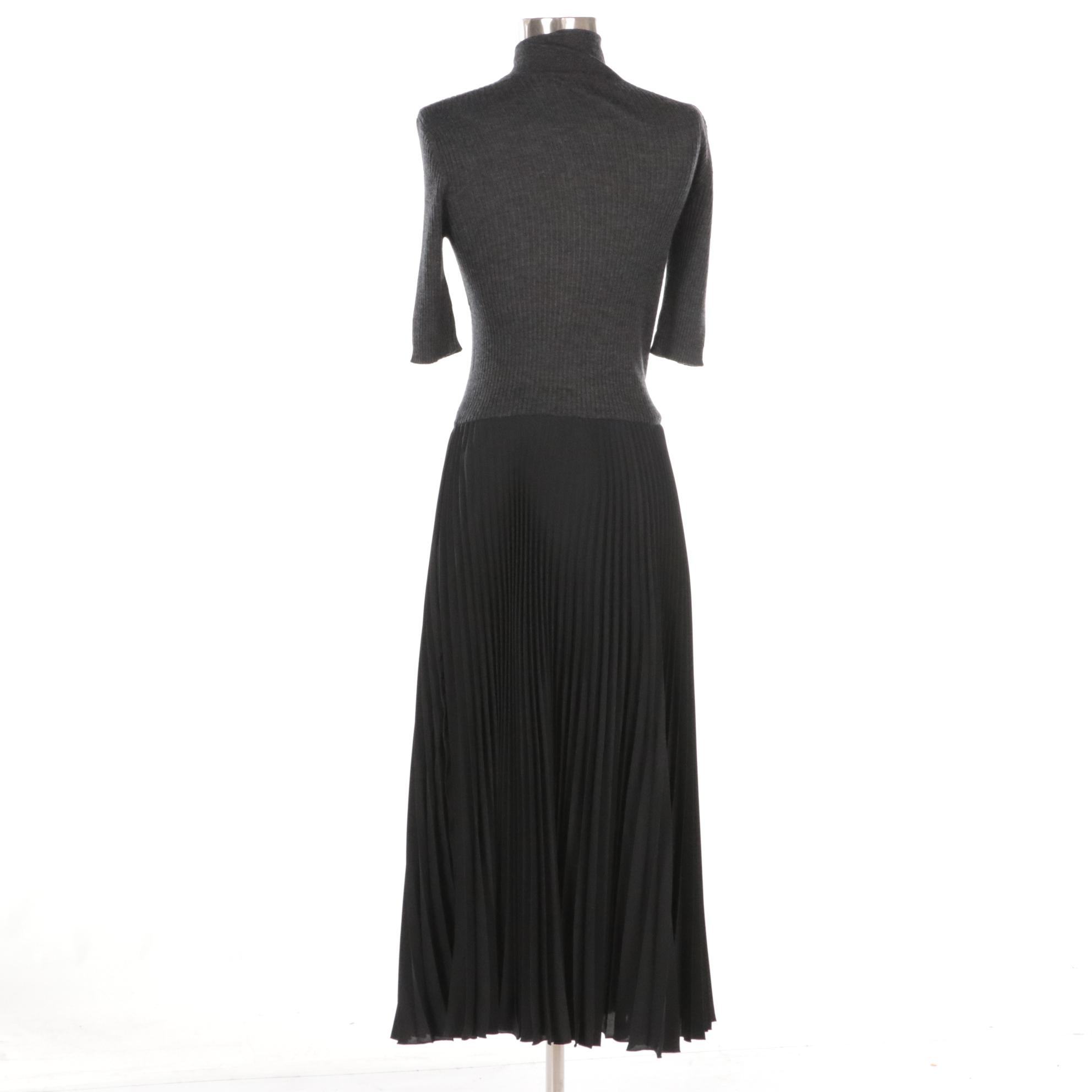 Prada Grey Wool Knit Three-Quarter Zip Black Pleated Silk Mid-Length Dress