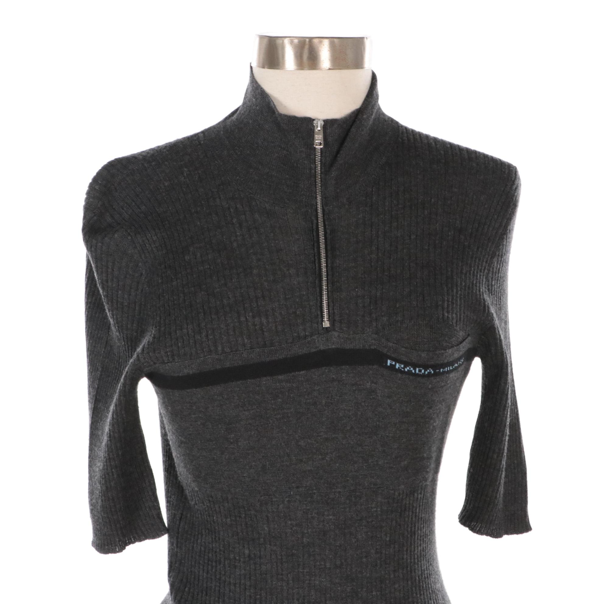 Prada Grey Wool Knit Three-Quarter Zip Black Pleated Silk Mid-Length Dress