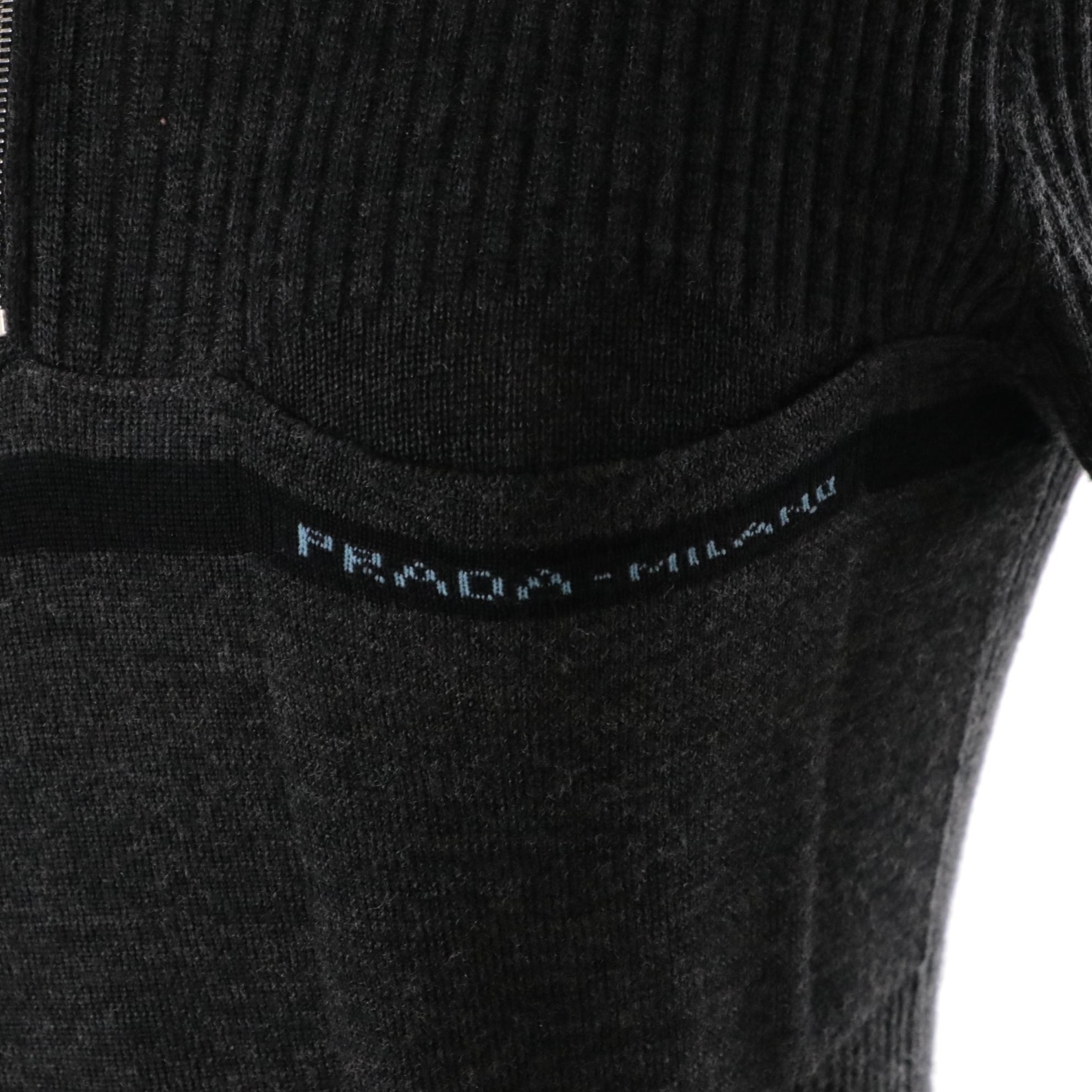 Prada Grey Wool Knit Three-Quarter Zip Black Pleated Silk Mid-Length Dress