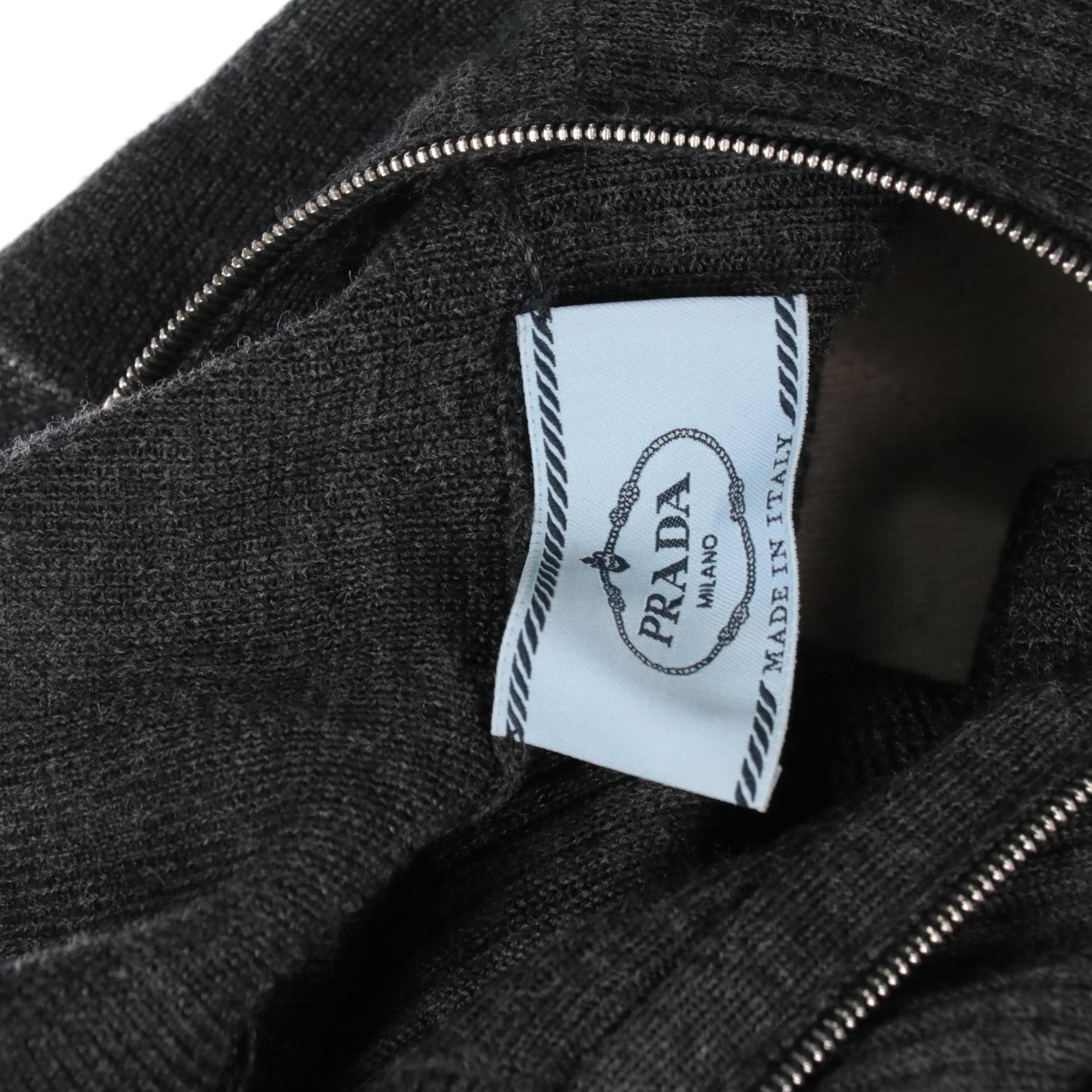 Prada Grey Wool Knit Three-Quarter Zip Black Pleated Silk Mid-Length Dress