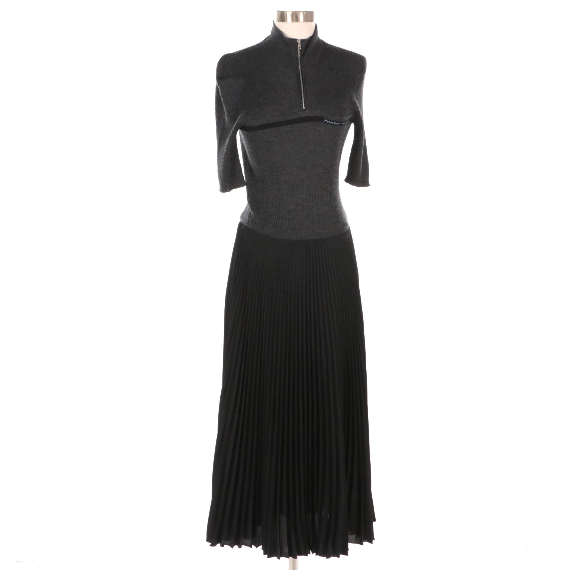Prada Grey Wool Knit Three-Quarter Zip Black Pleated Silk Mid-Length Dress