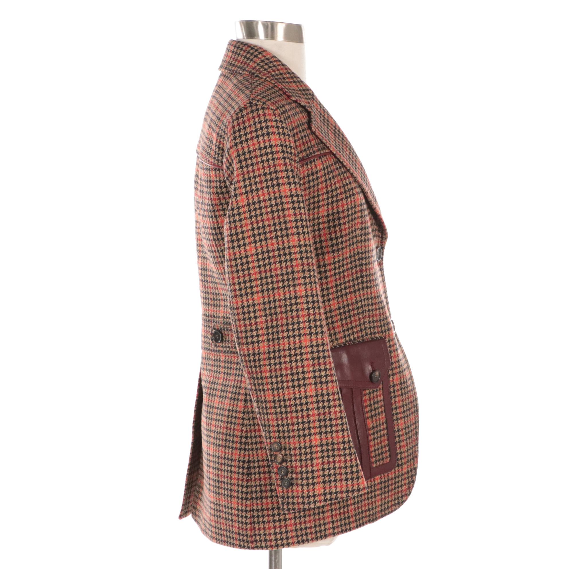 Prada Red Leather-Trimmed Houndstooth Wool Blend Blazer