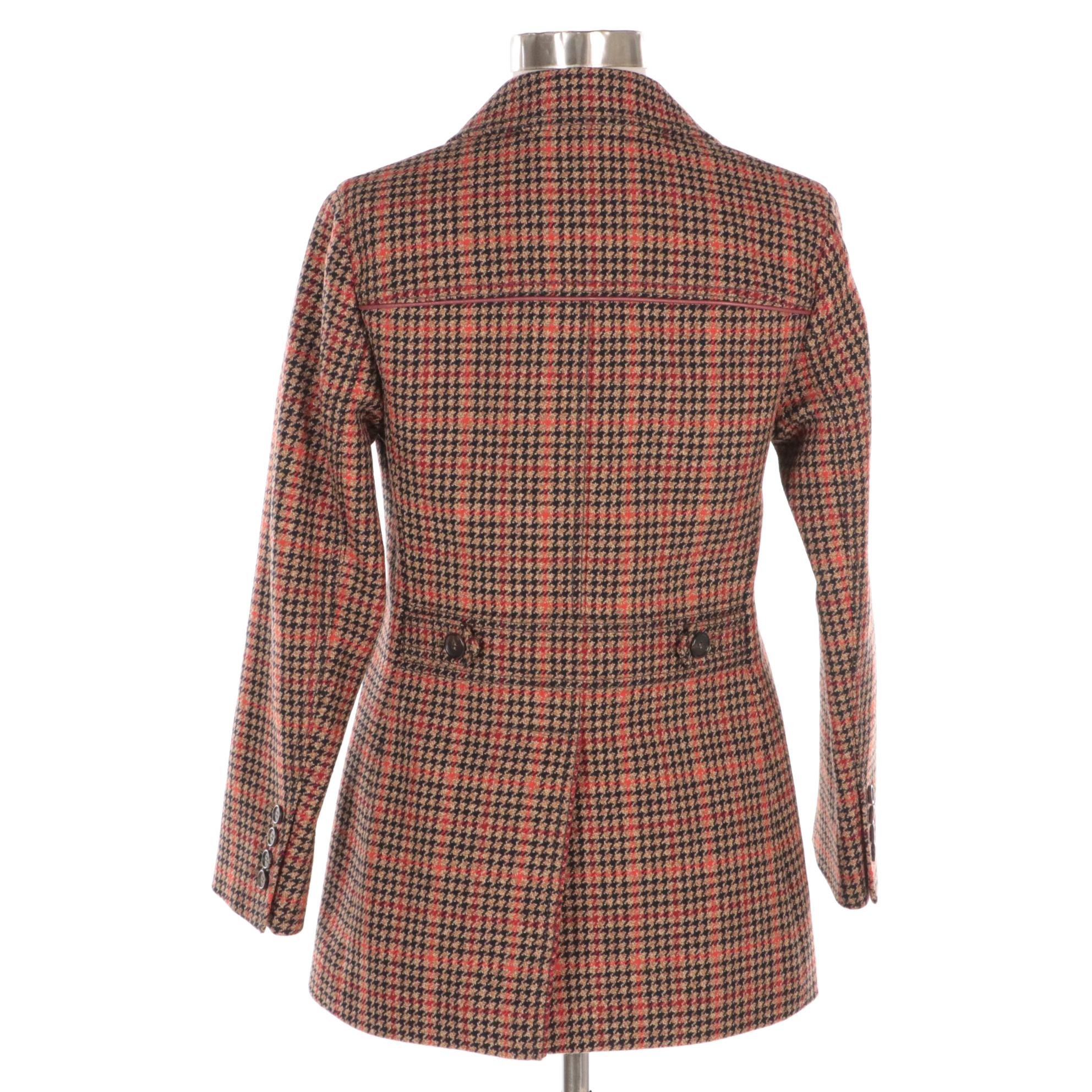 Prada Red Leather-Trimmed Houndstooth Wool Blend Blazer